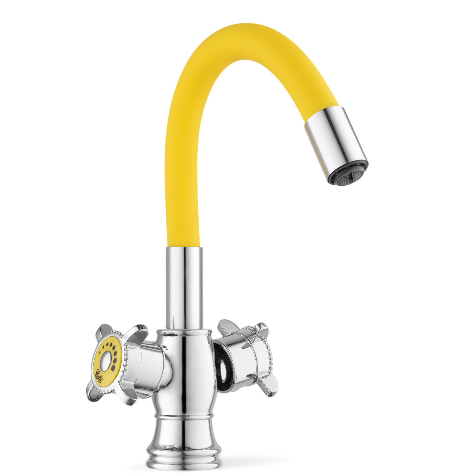Изображение товара Дизайнерский кухонный смеситель гибкий излив желтый хром