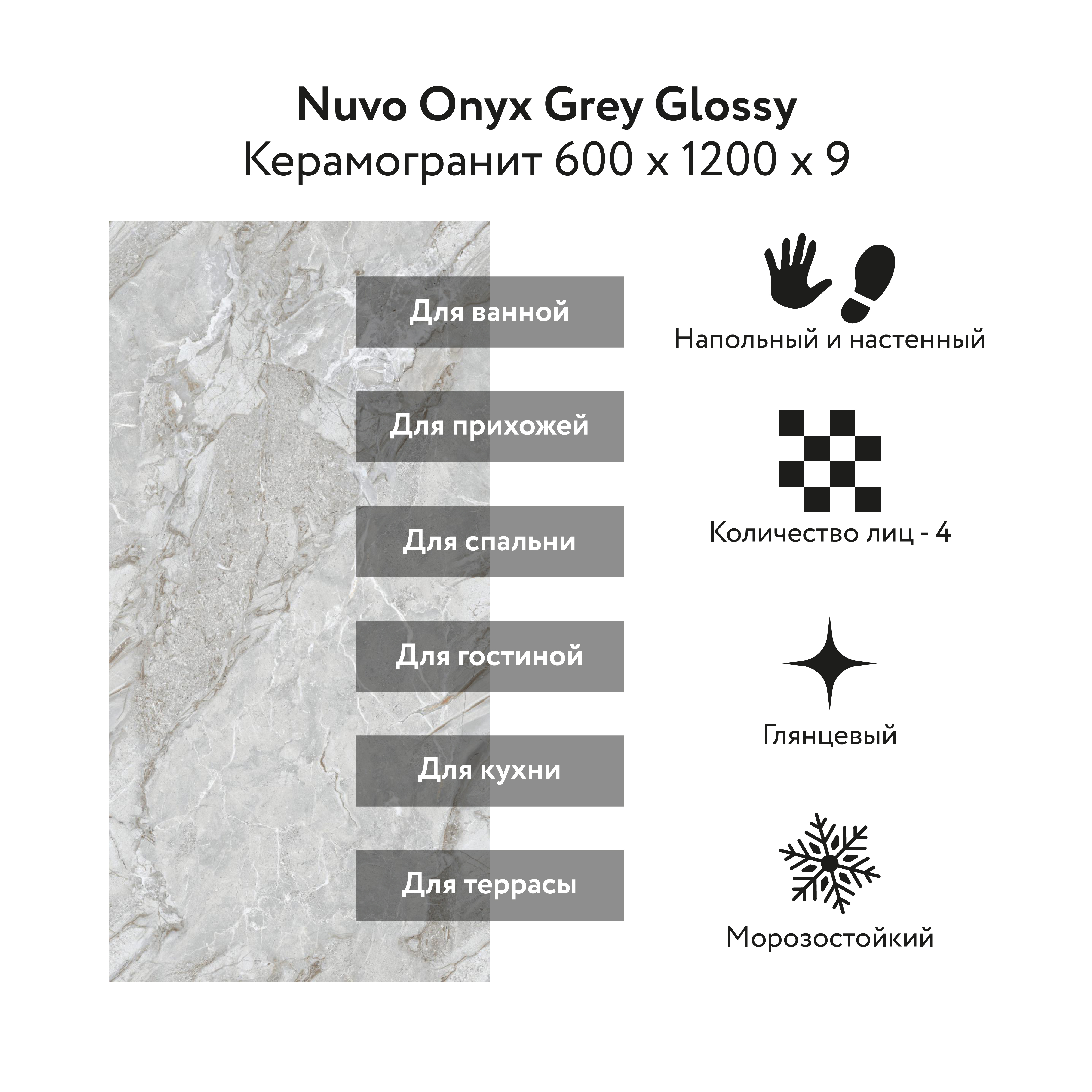 Изображение товара Керамогранит Kerald Nuvo Onyx Grey Glossy 60x120см цвет серый