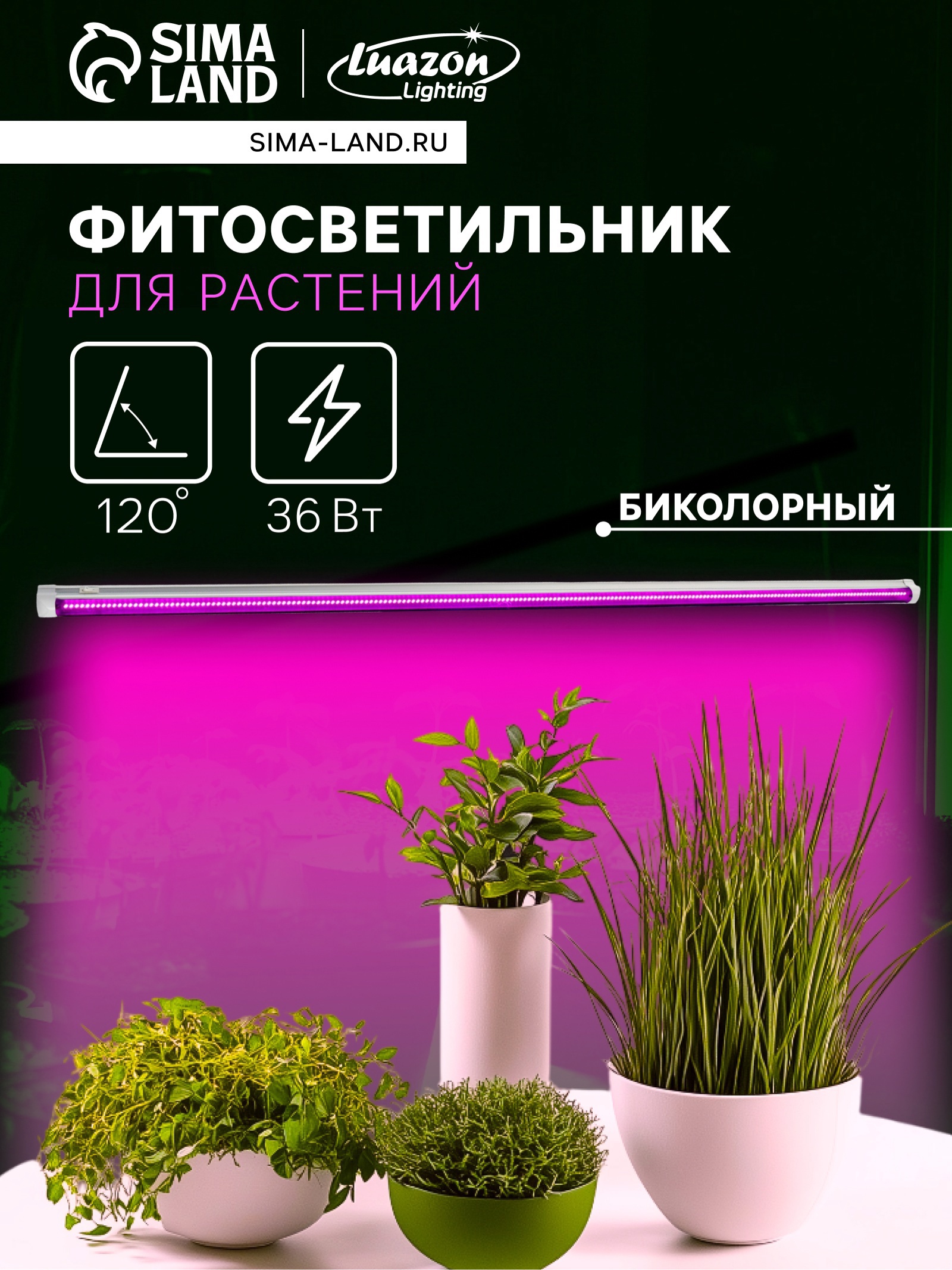Изображение товара Фитосветильник линейный Luazon lighting 7064508 120 см 36 Вт красно-синий спектр для цветущих растений розовый свет Изображение товара Фитосветильник линейный Luazon lighting 7064508 120 см 36 Вт красно-синий спектр для цветущих растений розовый свет