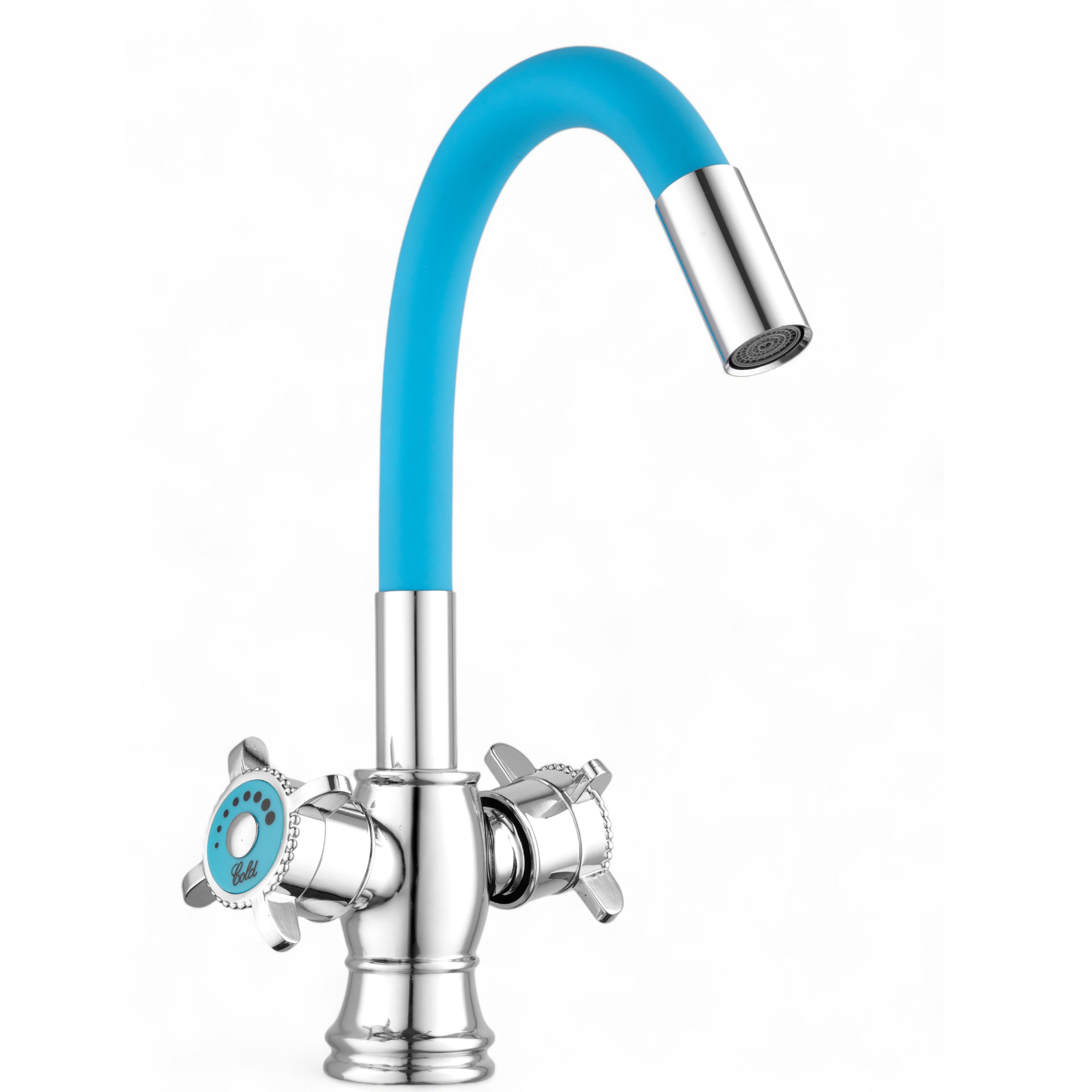 Изображение товара Смеситель для кухни дизайнерский с гибким голубым изливом и вентильными ручками с голубыми вставками хром
