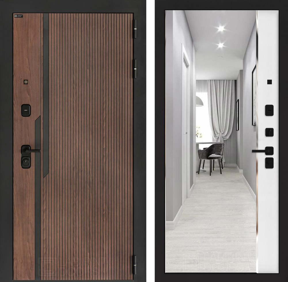 Изображение товара Дверь входная Лабиринт Кармина правый 205x88см цвет орех американский с патиной/белый софт с зеркалом Панорама