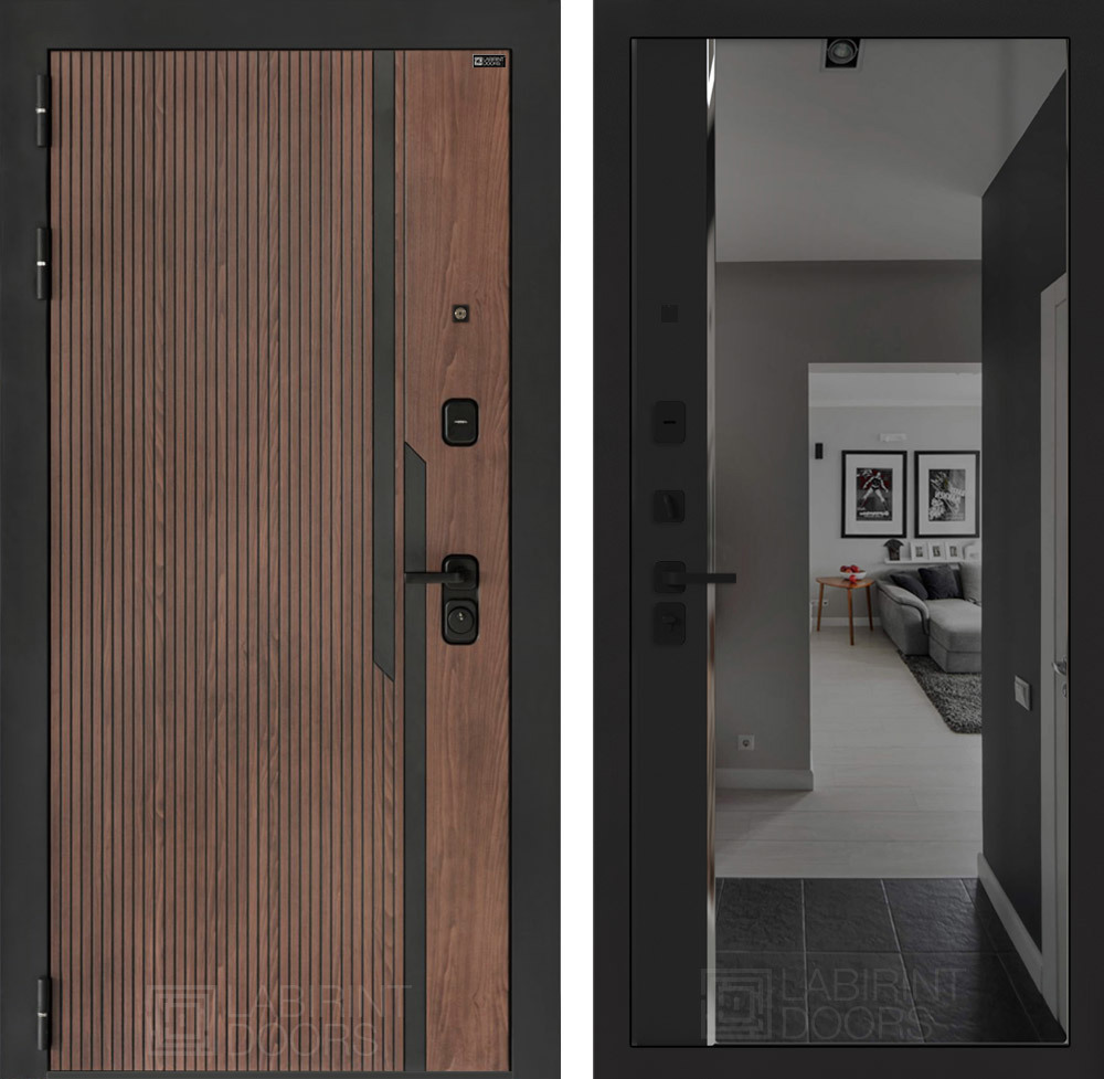 Изображение товара Дверь входная Лабиринт Кармина левый 205x96см цвет орех американский с патиной/черный кварц с зеркалом Панорама с тонировкой