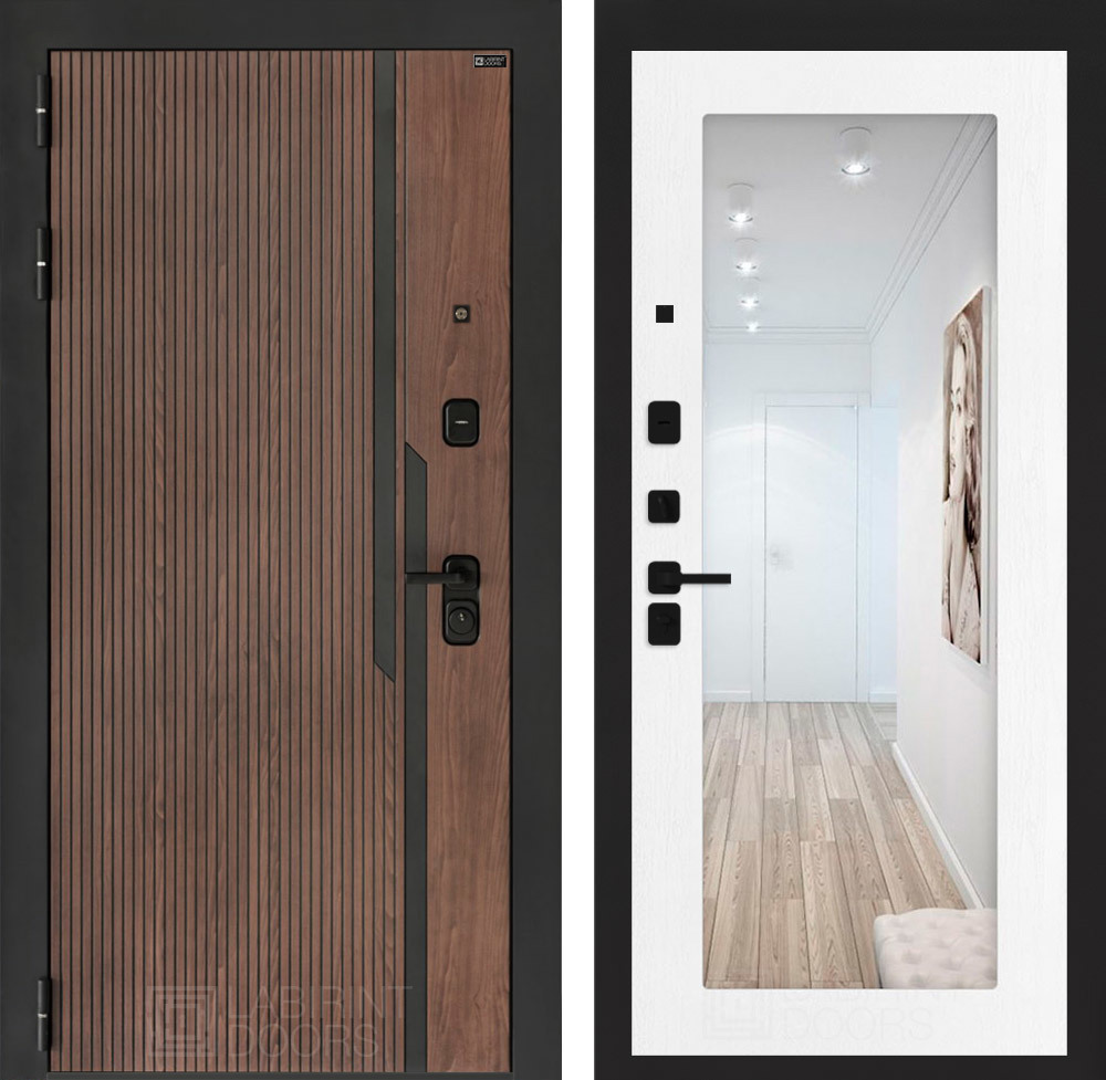 Изображение товара Дверь входная Лабиринт Кармина левый 205x88см цвет орех американский с патиной/белое дерево с зеркалом П18