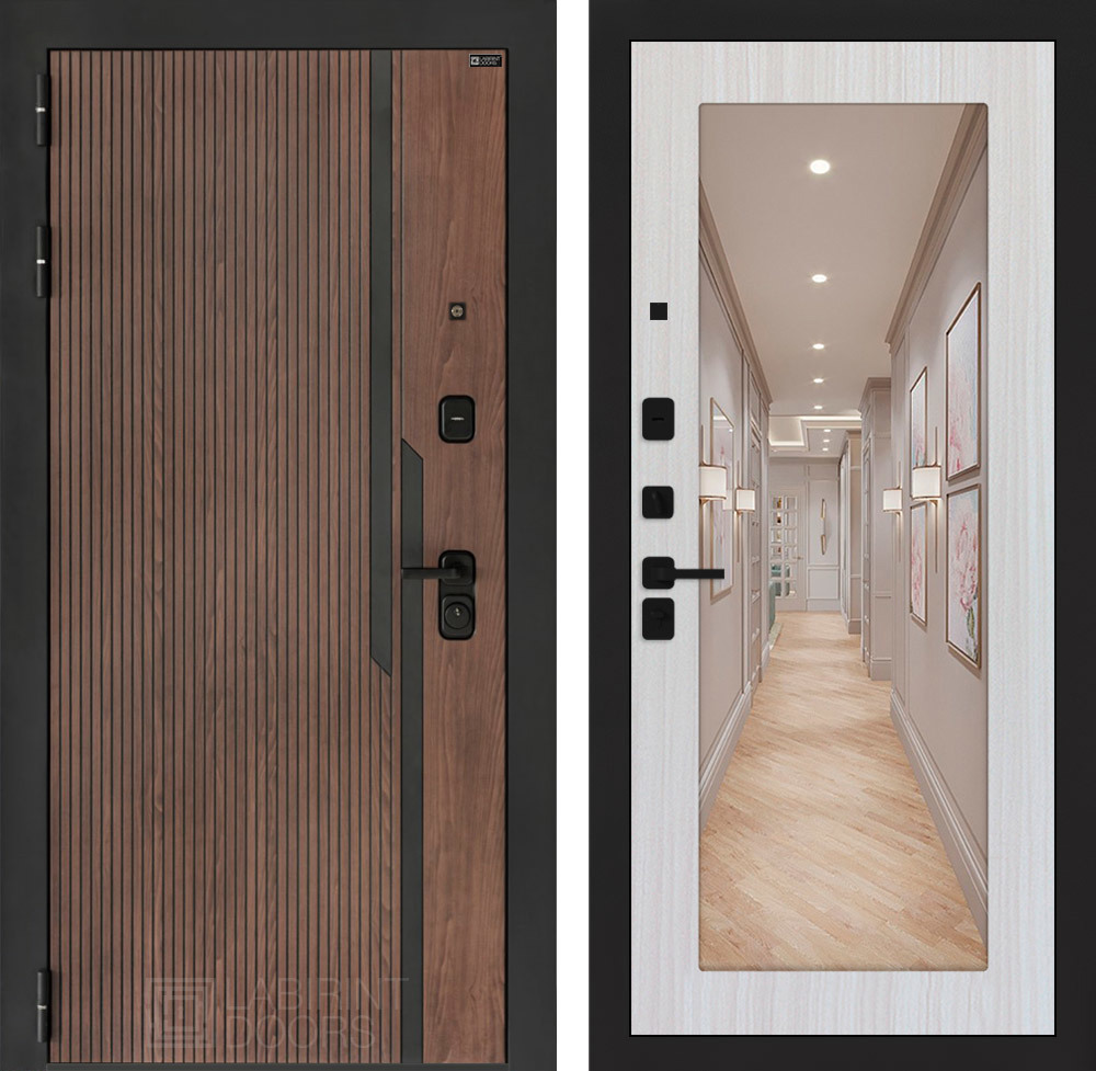 Изображение товара Дверь входная Лабиринт Кармина левый 205x88см цвет орех американский с патиной/сандал белый с зеркалом П18