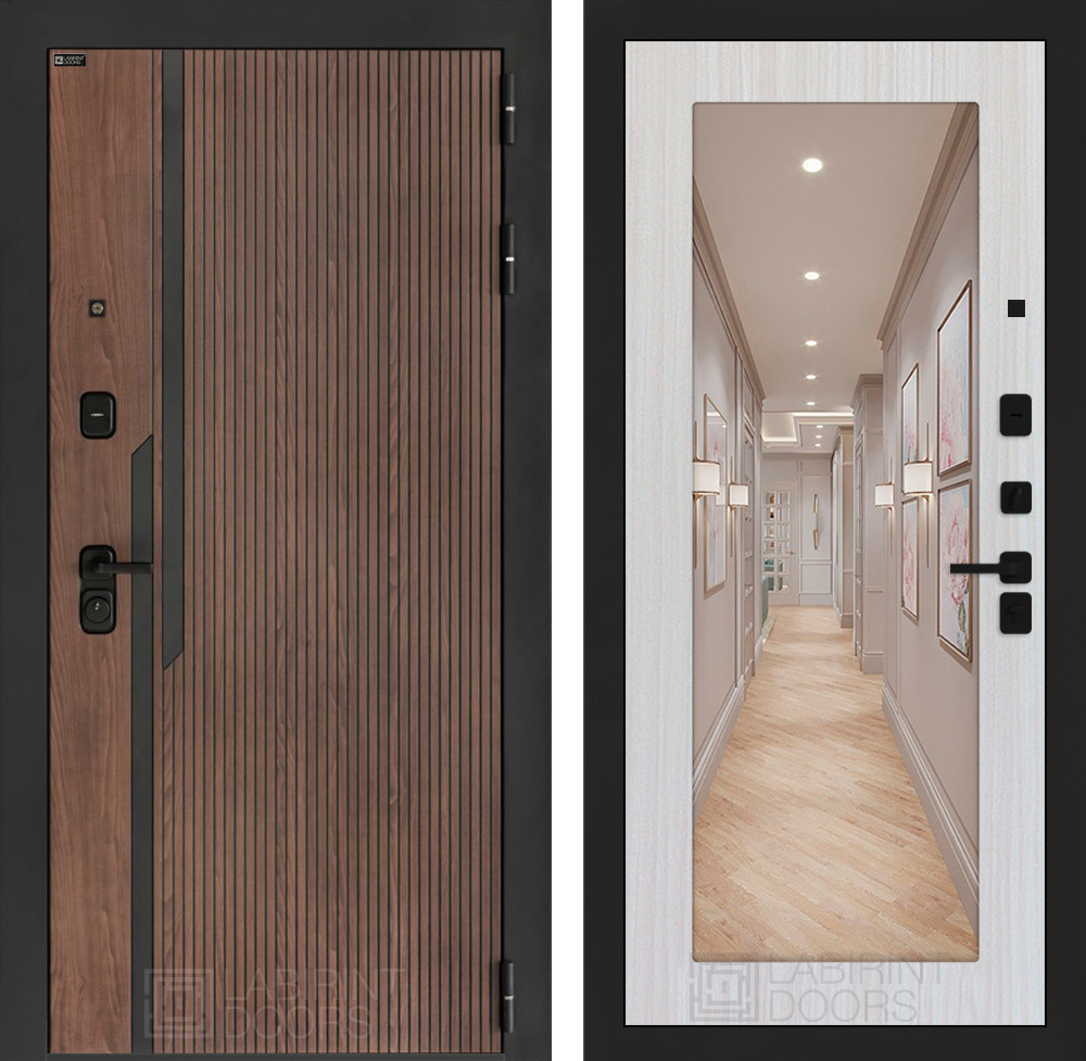 Изображение товара Дверь входная Лабиринт Кармина правый 205x96см цвет орех американский с патиной/сандал белый с зеркалом П18