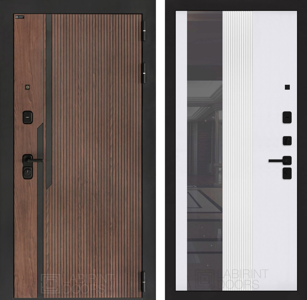 Изображение товара Дверь входная Лабиринт Кармина правый 205x96см цвет орех американский с патиной/белый софт рельеф с зеркалом П32