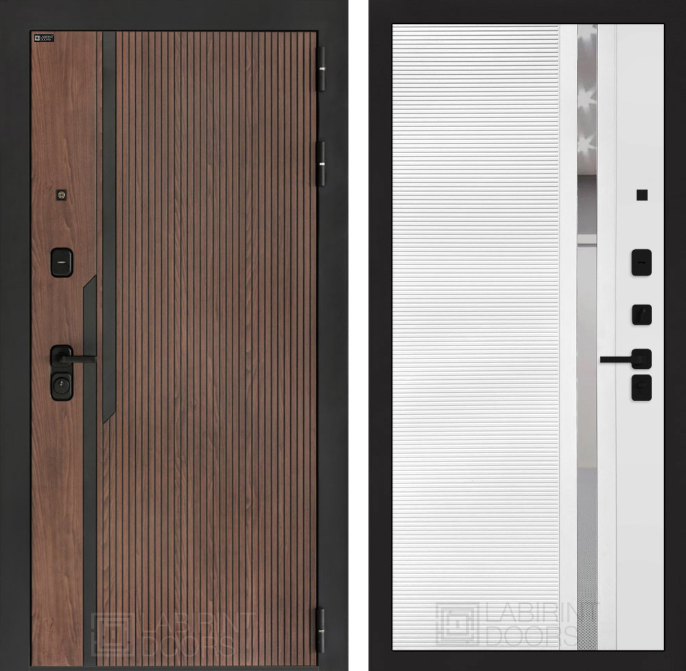 Изображение товара Дверь входная Лабиринт Кармина правый 205x96см цвет орех американский с патиной/белый софт с зеркалом П31