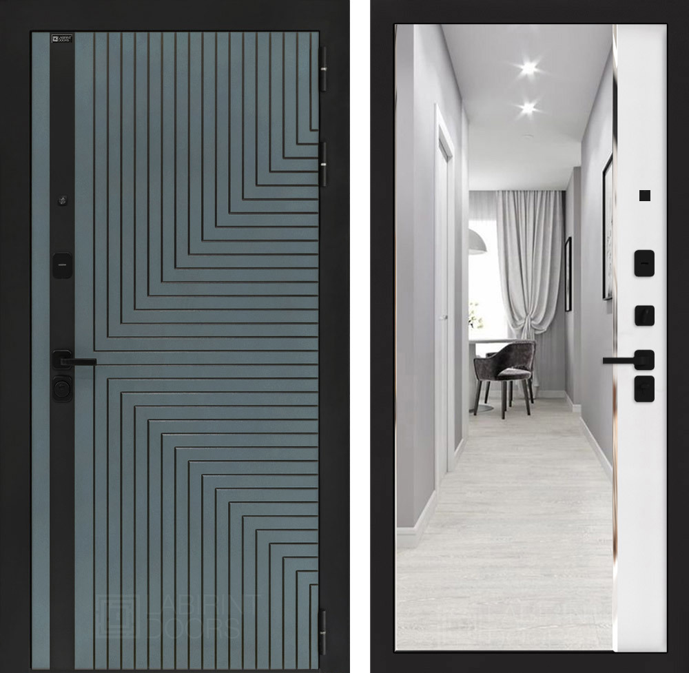 Изображение товара Дверь входная Лабиринт Кредор правый 205x88см цвет серо-зеленый с патиной/белый софт с зеркалом Панорама