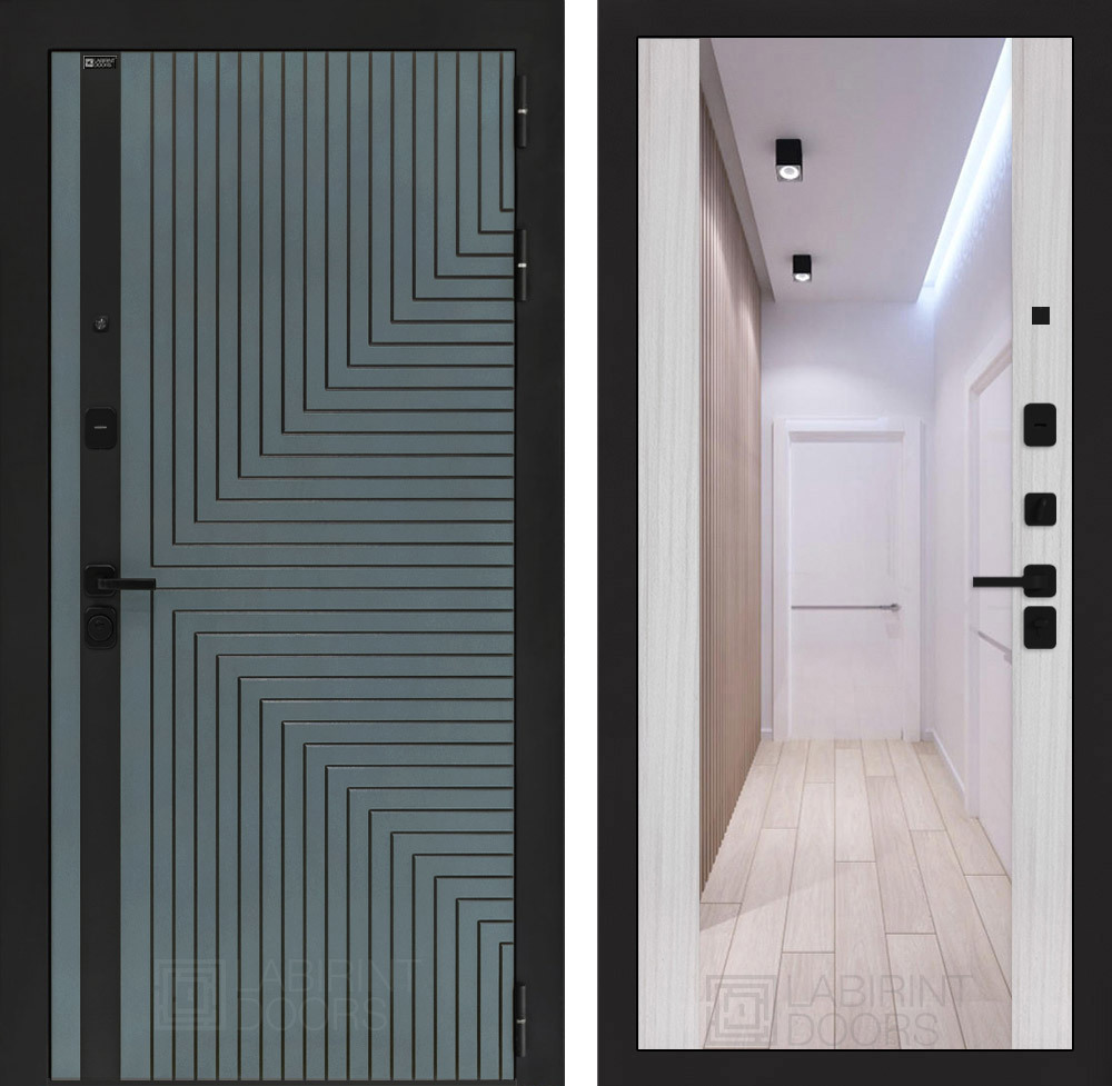 Изображение товара Дверь входная Лабиринт Кредор правый 205x88см цвет серо-зеленый с патиной/сандал белый с зеркалом ФЛЗ-1