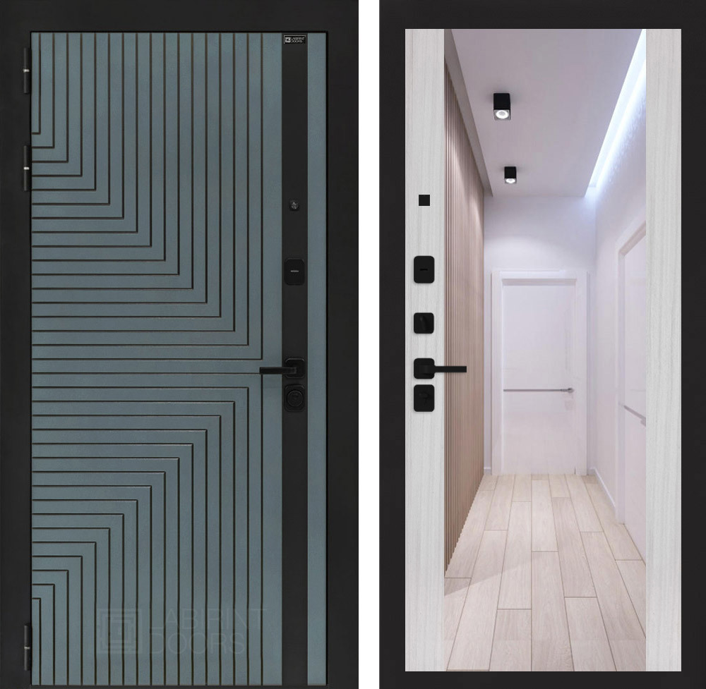 Изображение товара Дверь входная Лабиринт Кредор левый 205x96см цвет серо-зеленый с патиной/сандал белый с зеркалом ФЛЗ-1