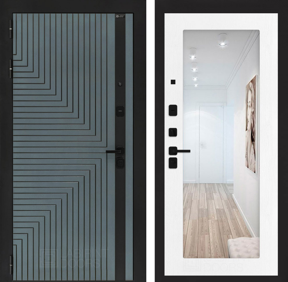 Изображение товара Дверь входная Лабиринт Кредор левый 205x96см цвет серо-зеленый с патиной/белое дерево с зеркалом П18