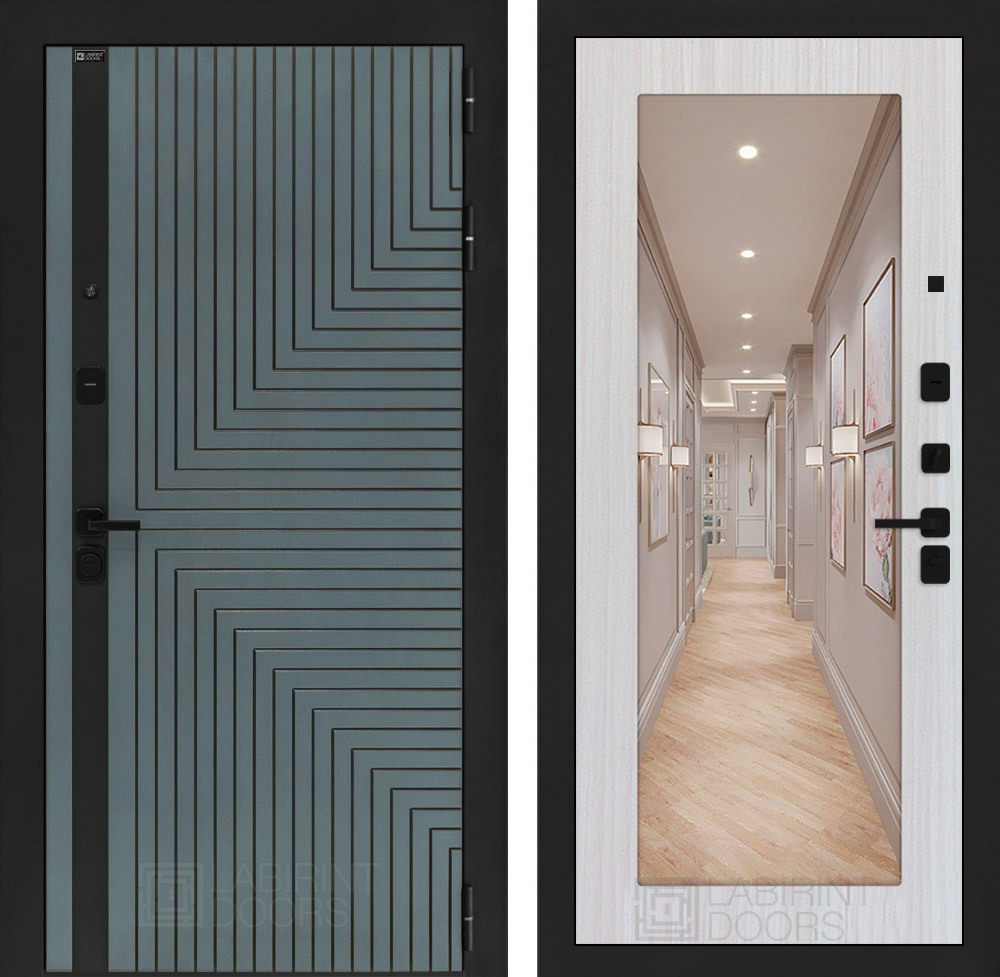 Изображение товара Дверь входная Лабиринт Кредор правый 205x88см цвет серо-зеленый с патиной/сандал белый с зеркалом П18