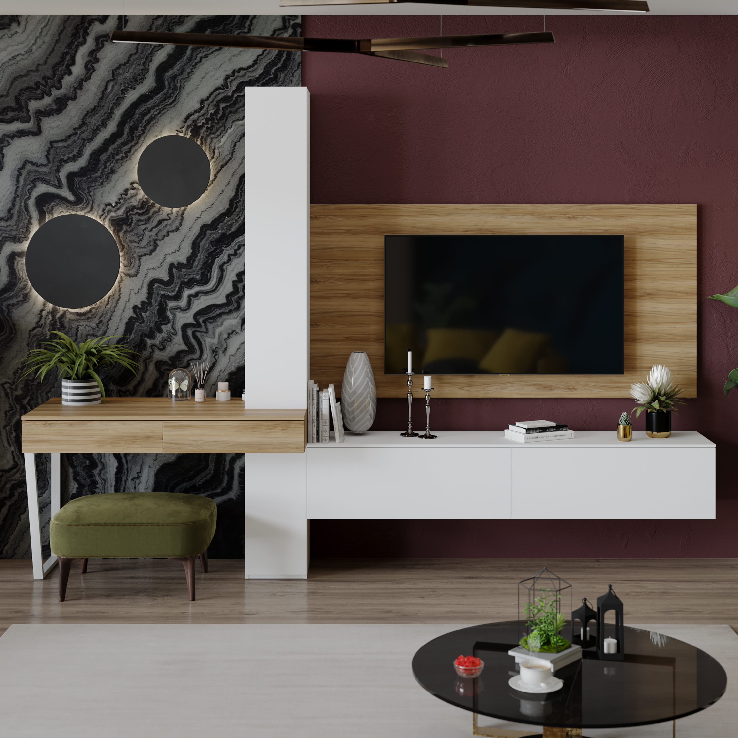 Изображение товара Модульная стенка Трия 300x217x58 см ЛДСП белый коричневый для гостиной