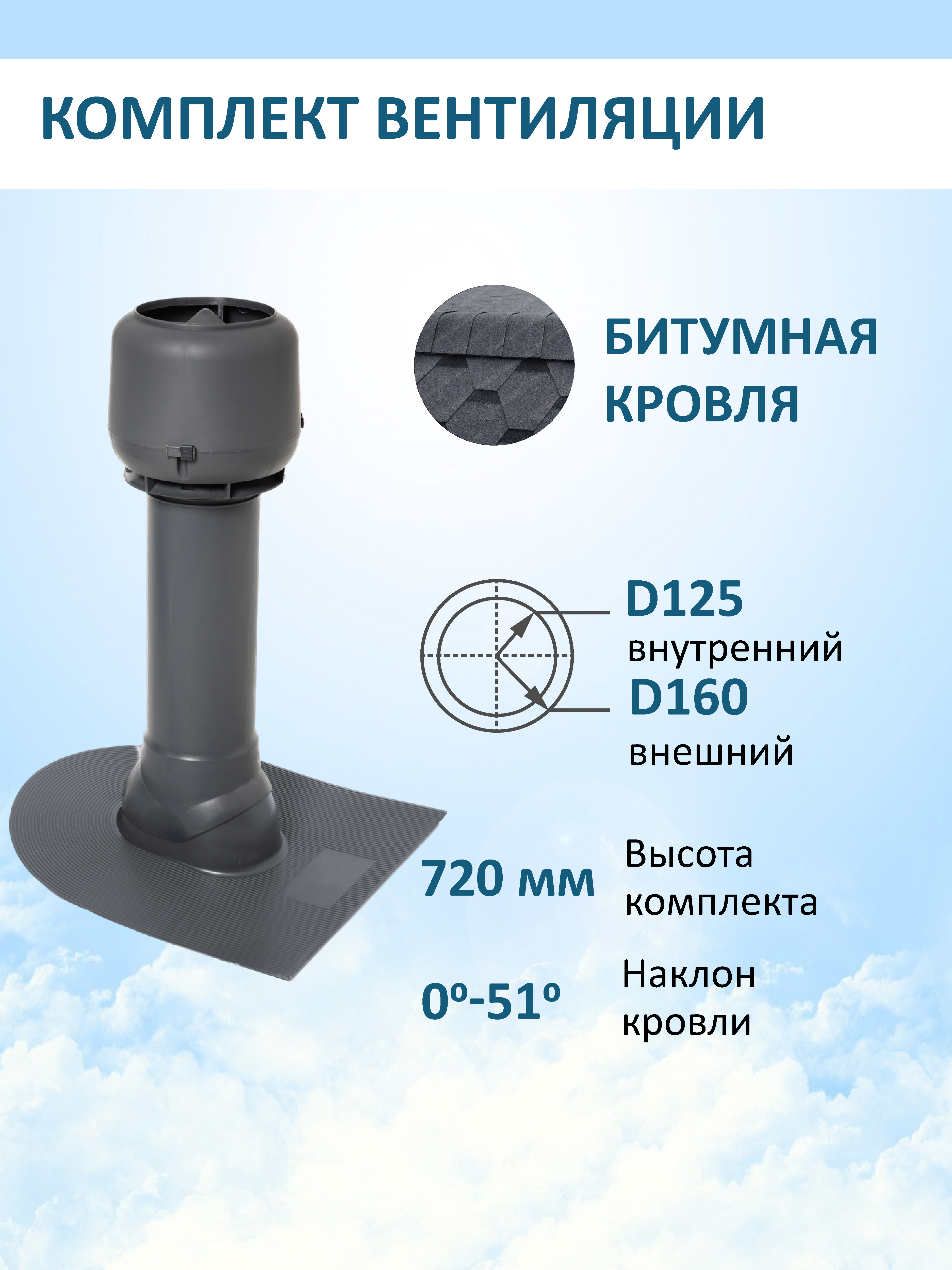Изображение товара Вентиляционный выход Татполимер c колпаком ⌀160мм 700мм и с проходным элементом для битумной кровли RAL7024