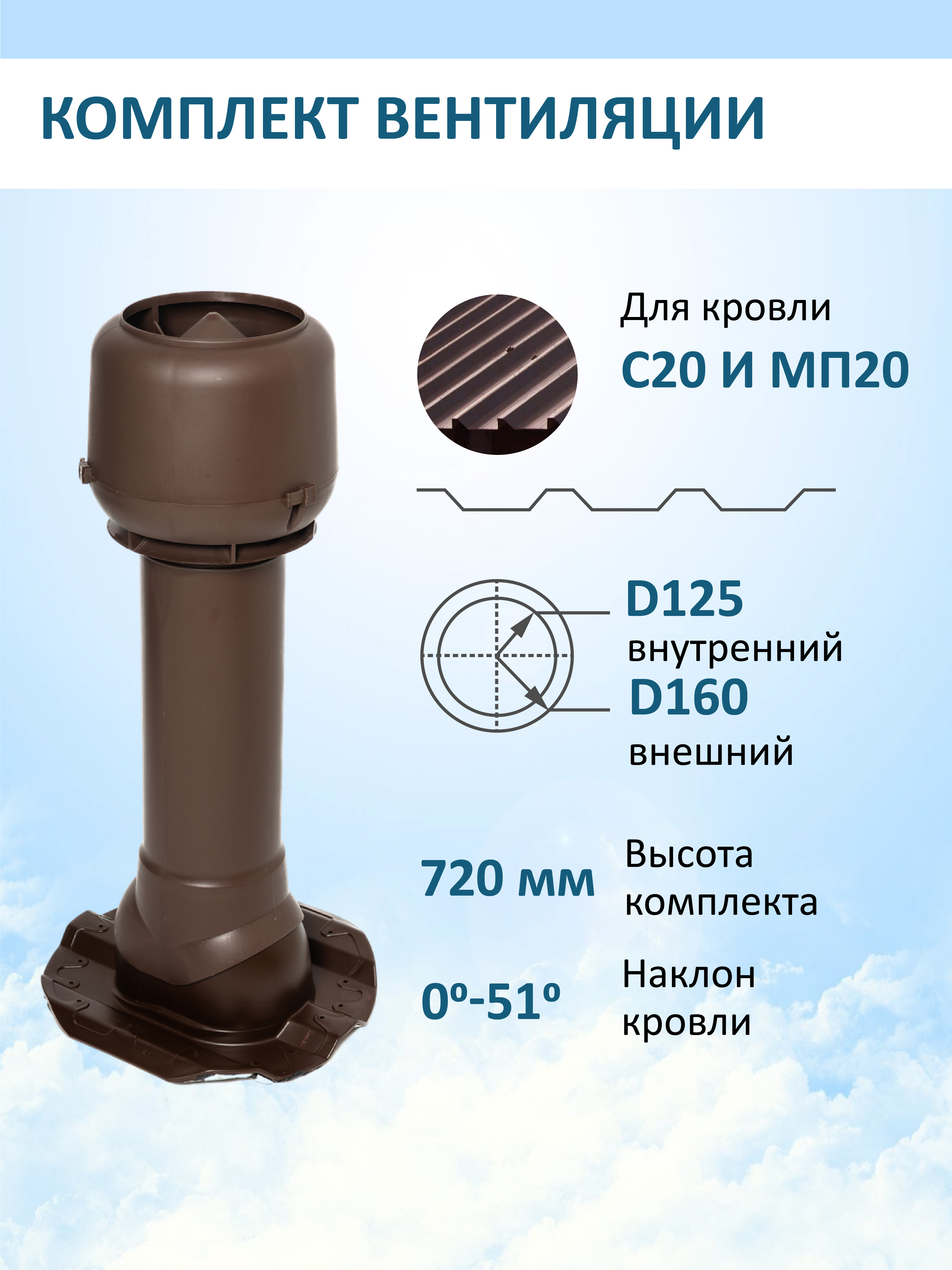 Изображение товара Вентиляционный выход Татполимер c колпаком ⌀160мм 700мм и с проходным элементом для кровельного профнастила 20мм RAL8017