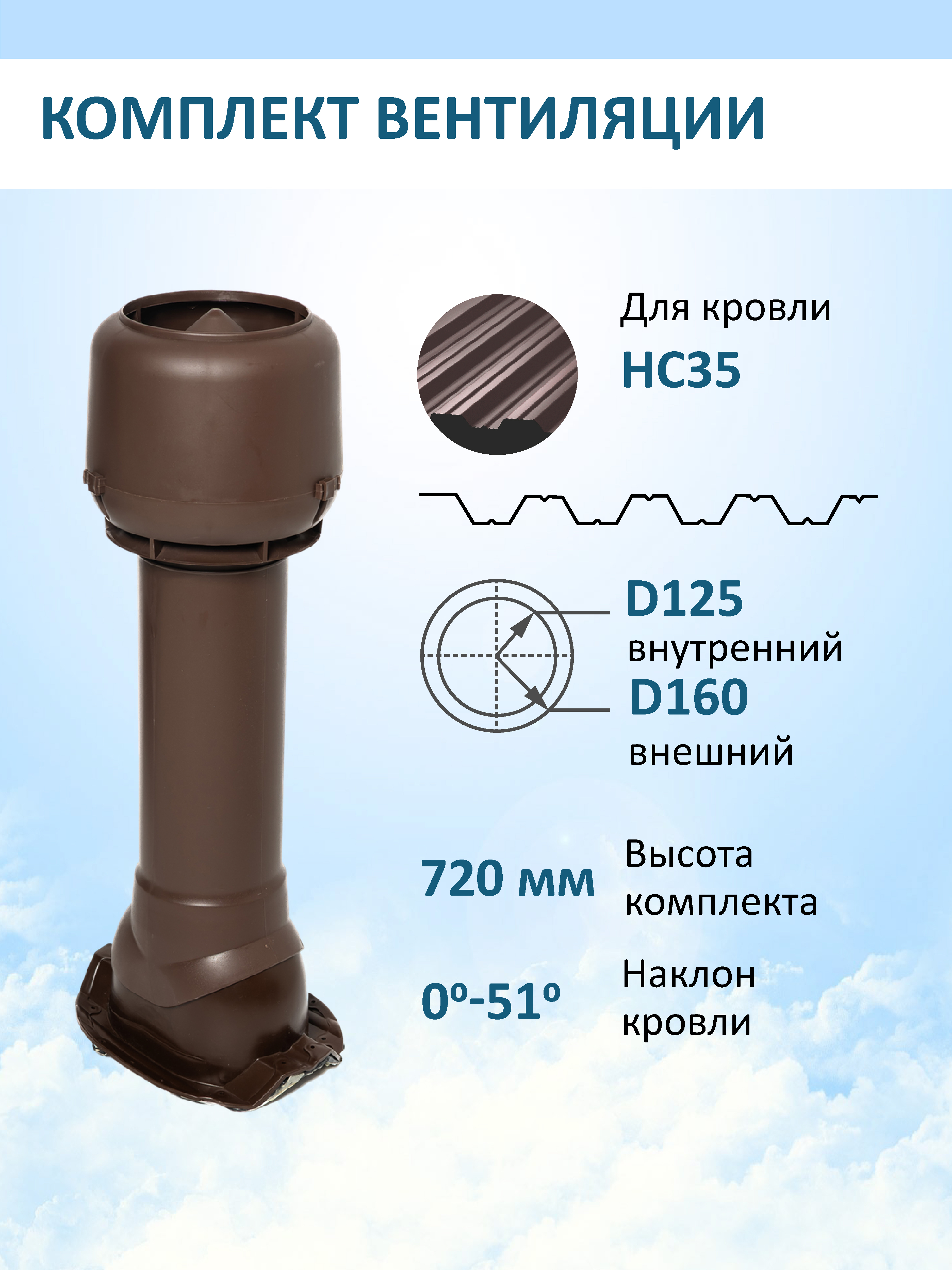 Изображение товара Вентиляционный выход Татполимер c колпаком ⌀160мм 700мм и с проходным элементом для кровельного профнастила 35мм RAL8017