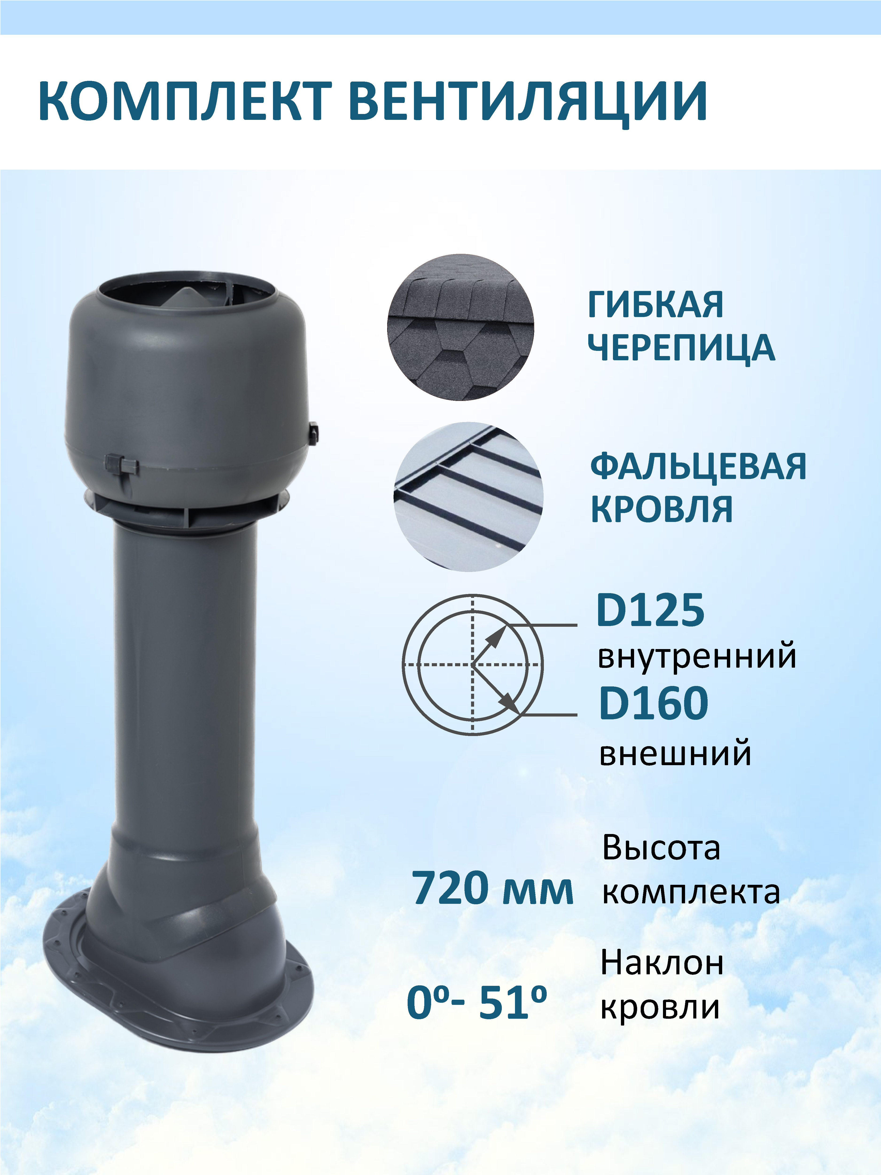 Изображение товара Вентиляционный выход Татполимер c колпаком ⌀160мм 700мм и с проходным элементом для скатной кровли RAL7024 Изображение товара Вентиляционный выход Татполимер c колпаком ⌀160мм 700мм и с проходным элементом для скатной кровли RAL7024