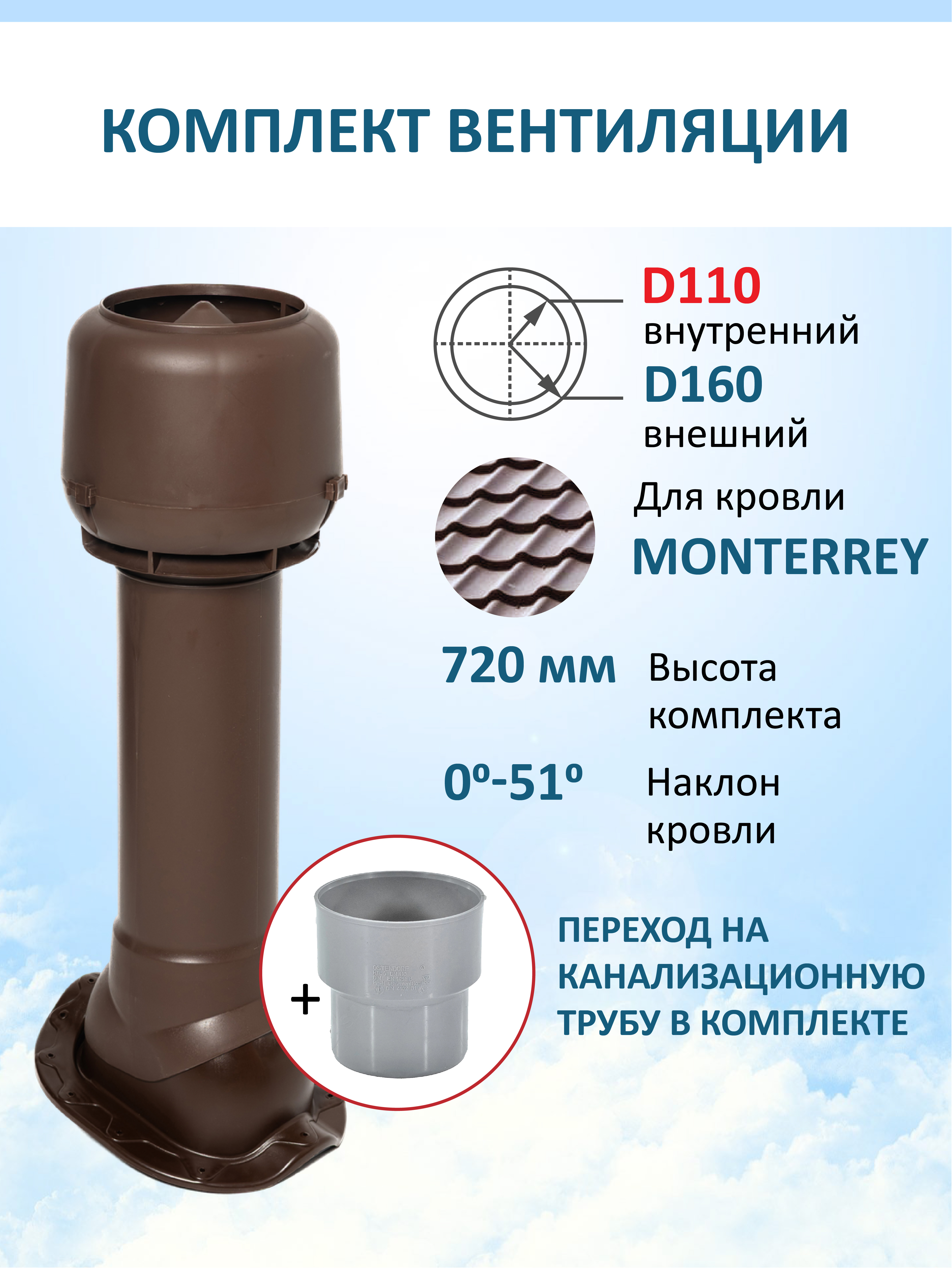 Изображение товара Вентиляционный выход Татполимер c колпаком ⌀160мм высотой 700мм с переходом ⌀100мм для металлочерепицы Monterrey RAL8017