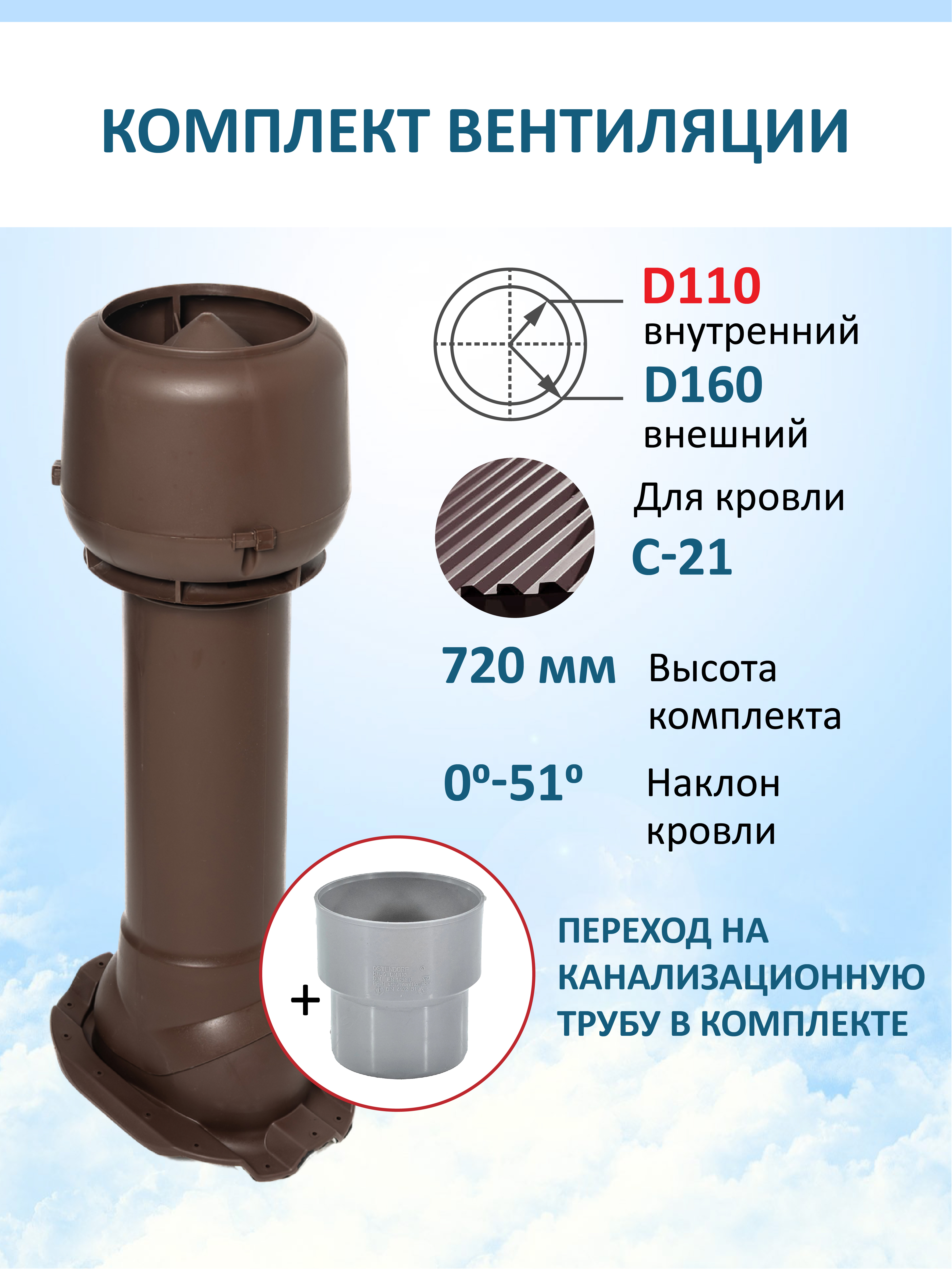 Изображение товара Вентиляционный выход Татполимер c колпаком ⌀160мм высотой 700мм с переходом ⌀100мм для кровельного профнастила С-21мм RAL8017