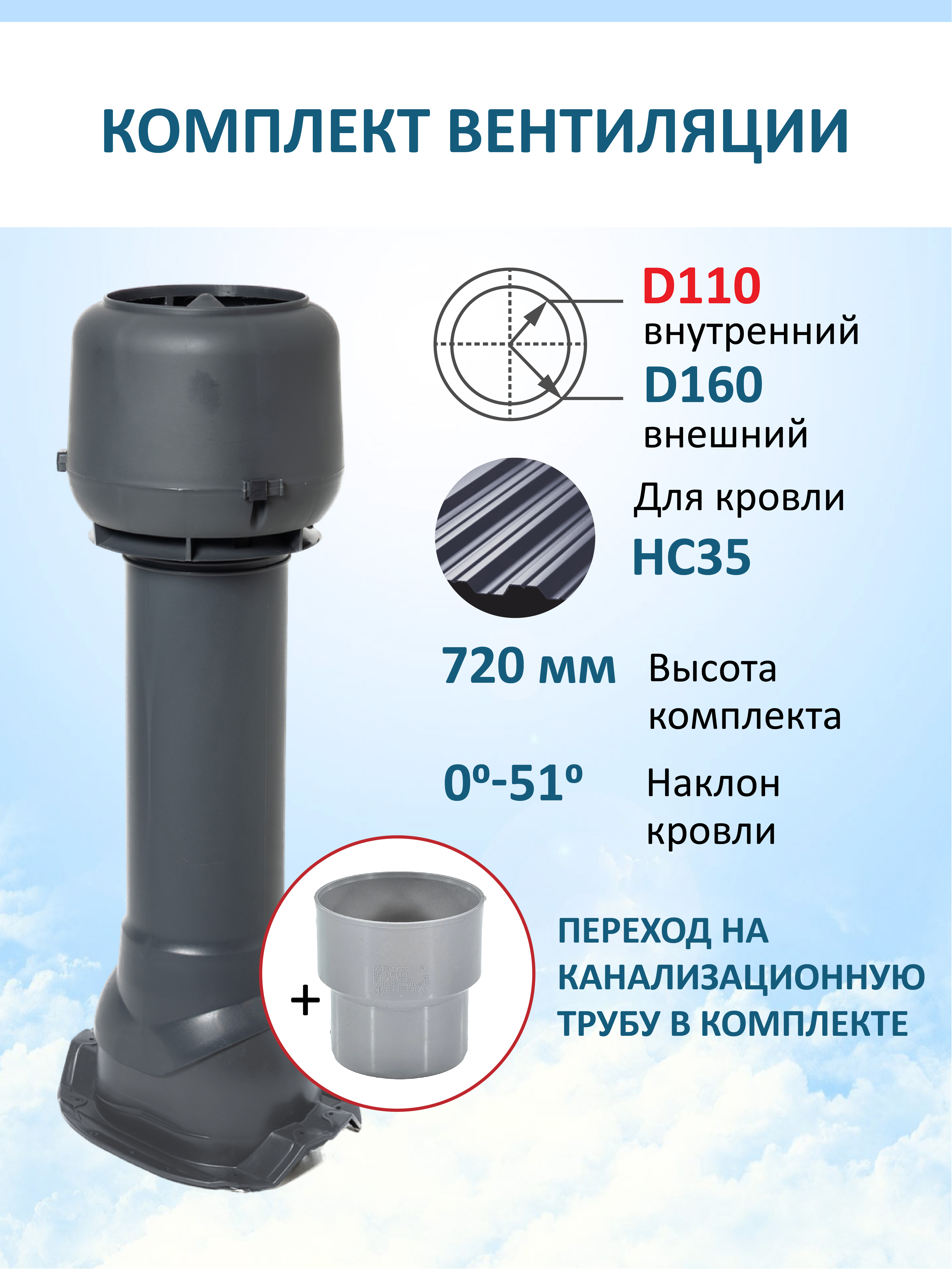 Изображение товара Кровельный вентиляционный комплект Татполимер с колпаком и переходом 160 мм Изображение товара Кровельный вентиляционный комплект Татполимер с колпаком и переходом 160 мм