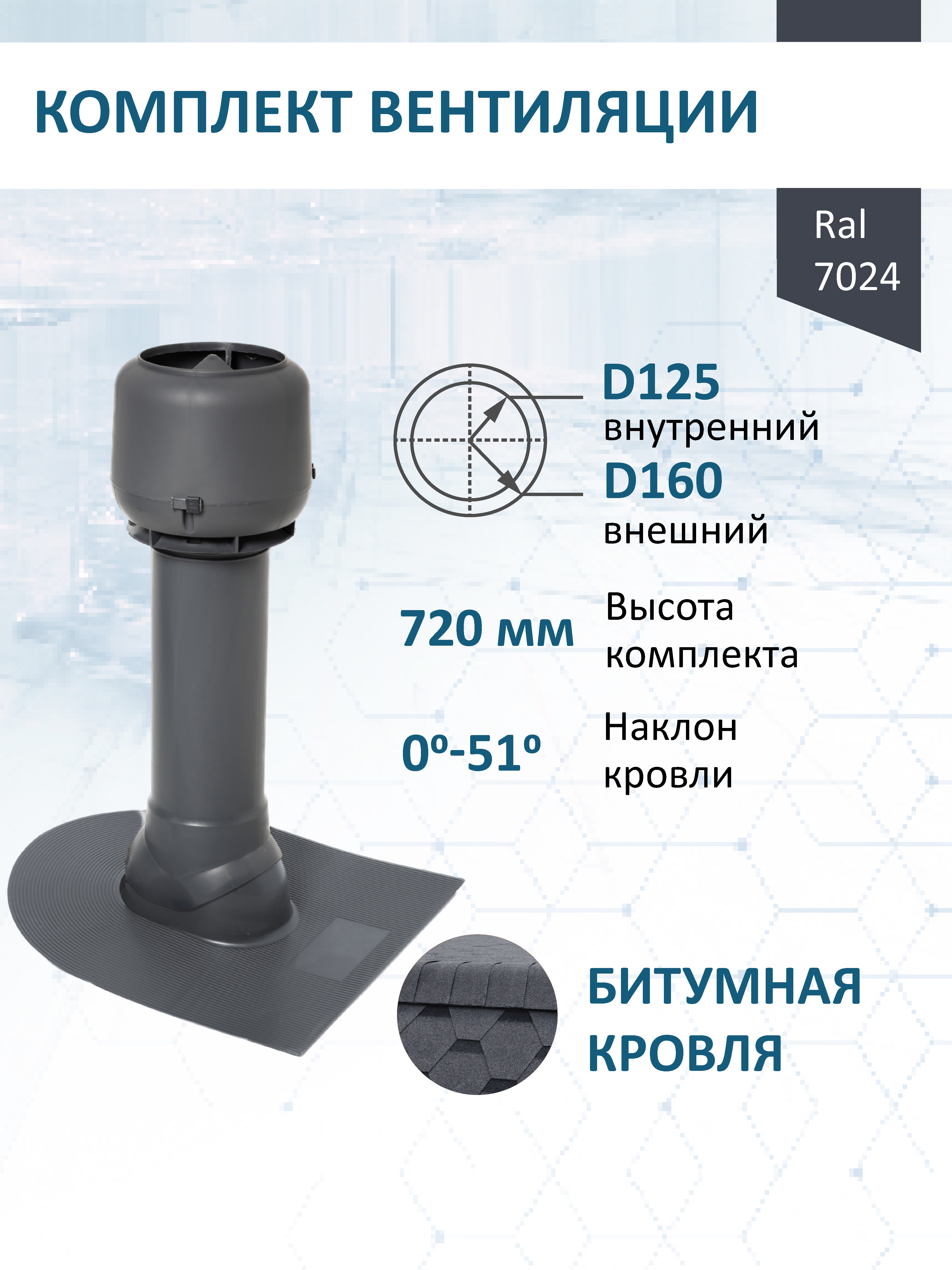Изображение товара Комплект кровельной вентиляции Татполимер (Вентиляционный выход ⌀125/160мм c колпаком) для битумной кровли RAL7024