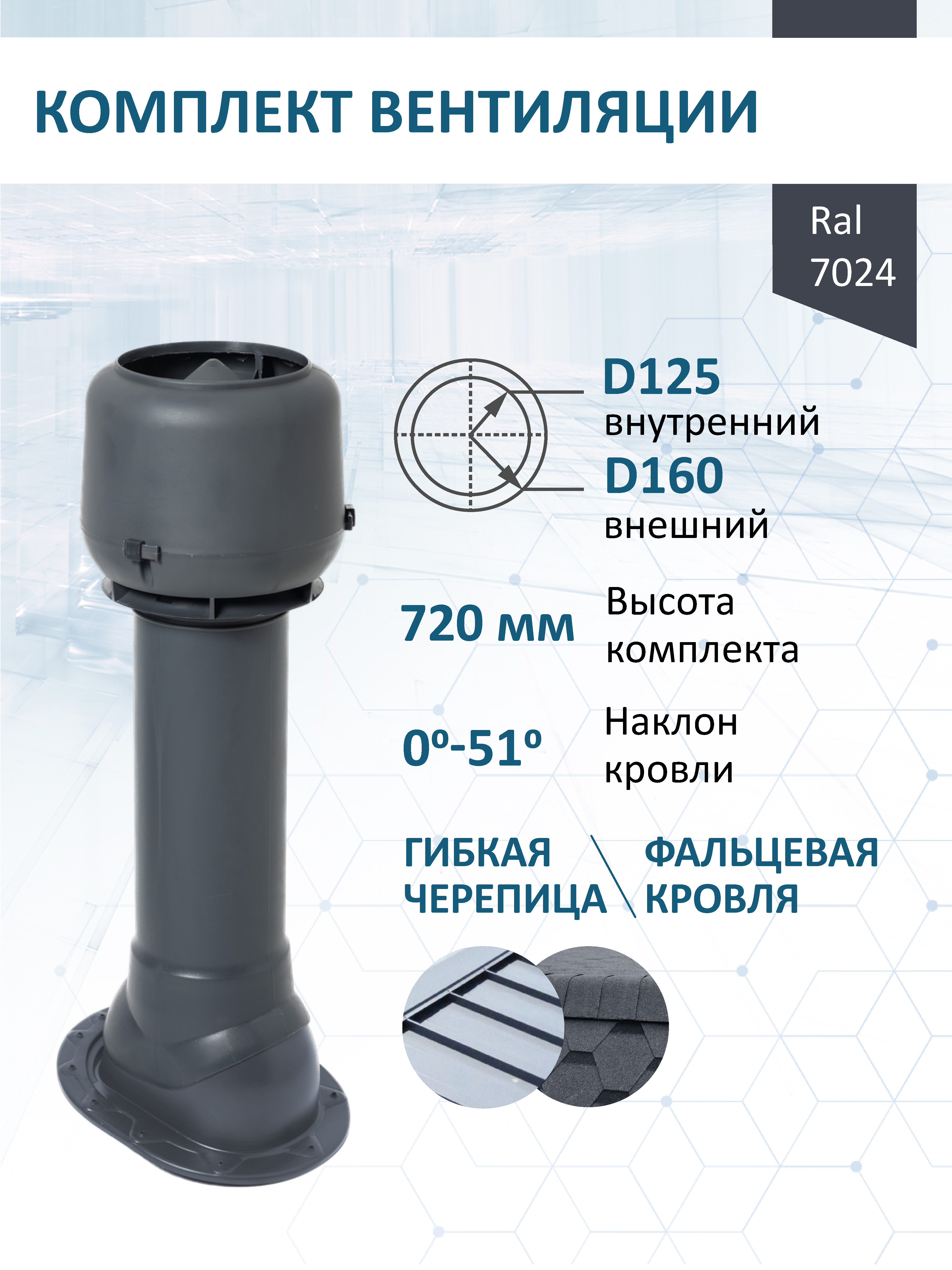 Изображение товара Комплект кровельной вентиляции Татполимер (Вентиляционный выход ⌀125/160мм c колпаком) для скатной кровли RAL7024