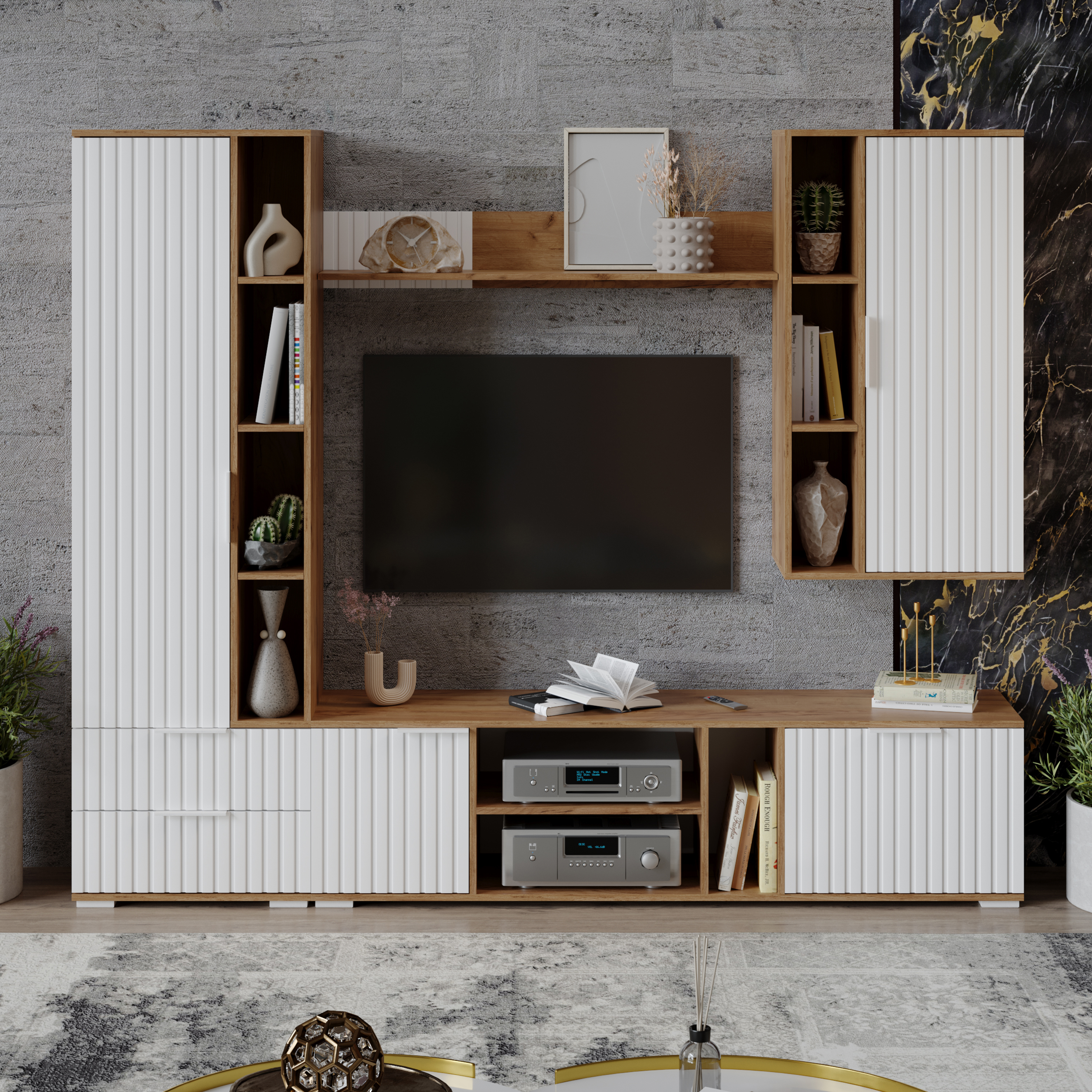 Изображение товара Модульная стенка Трия Хилтон №1 229x187x37 см ЛДСП цвет белый/дуб крафт золотой