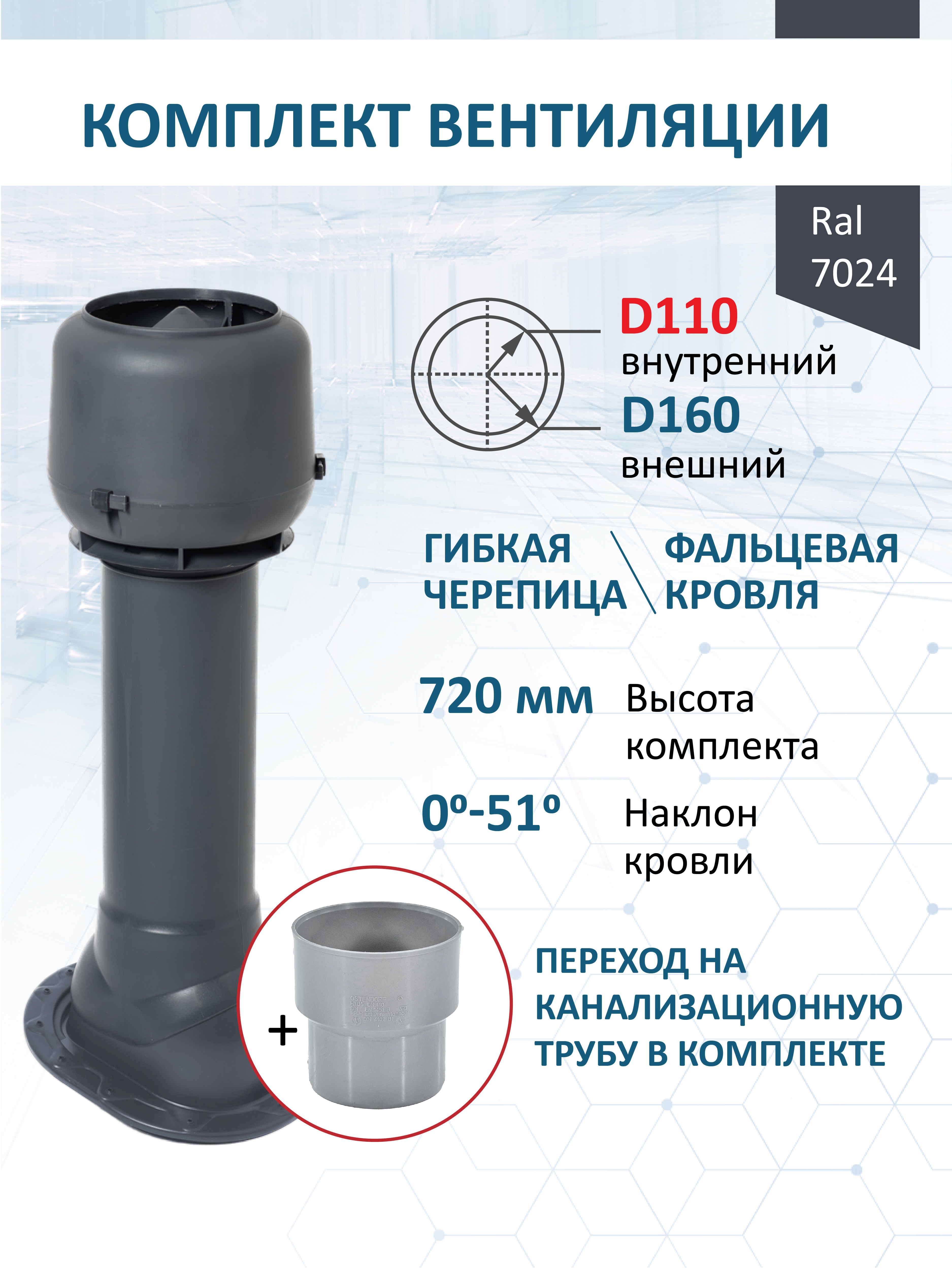 Изображение товара Комплект кровельной вентиляции Татполимер (Вентиляционный выход ⌀110/160мм c колпаком) для скатной кровли RAL7024 Изображение товара Комплект кровельной вентиляции Татполимер (Вентиляционный выход ⌀110/160мм c колпаком) для скатной кровли RAL7024