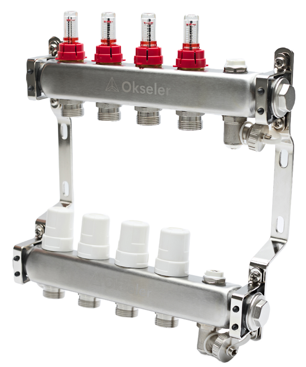 Изображение товара Коллекторная группа с расходомерами Okseler 1x3/4" 4 выхода нержавеющая сталь Россия