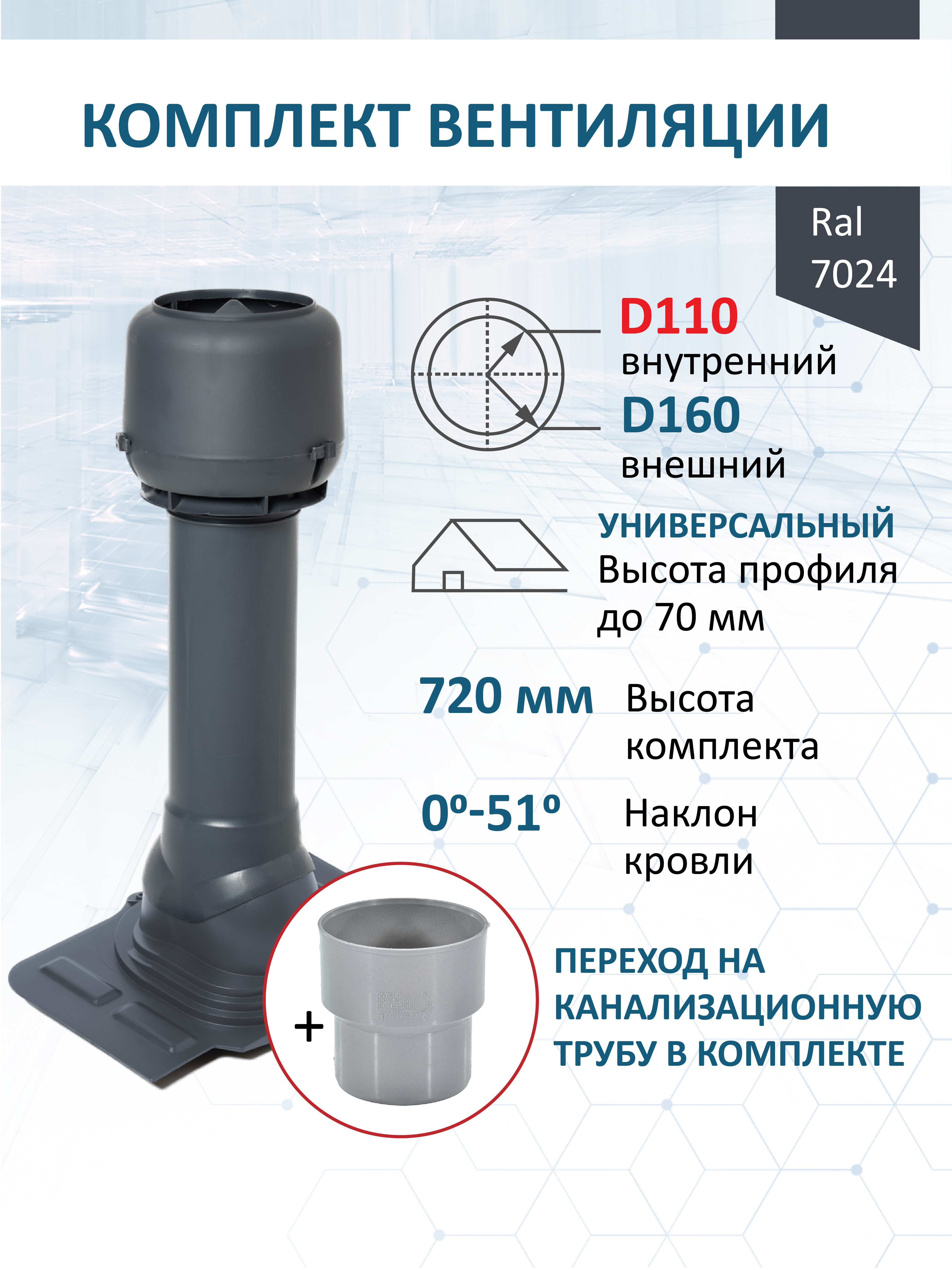 Изображение товара Комплект кровельной вентиляции Татполимер (Вентиляционный выход ⌀110/160мм c колпаком) универсальный RAL7024