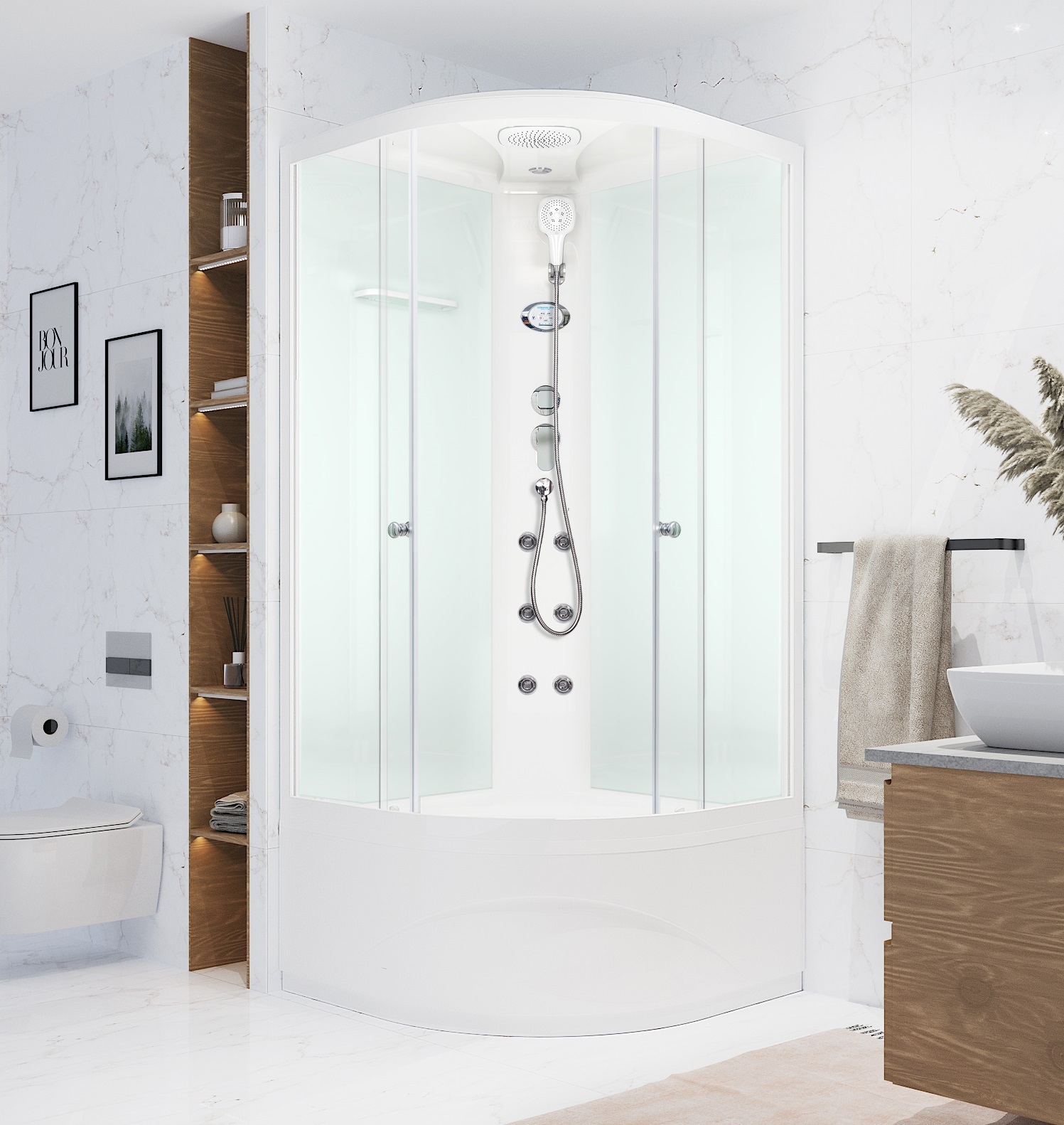 Изображение товара Душевая кабина Domani-Spa Delight Slim 110 high DS01DS110HWCl10 100x100x218 см гидромассаж 1/4 круга высокий поддон, белые стенки, прозрачное стекло