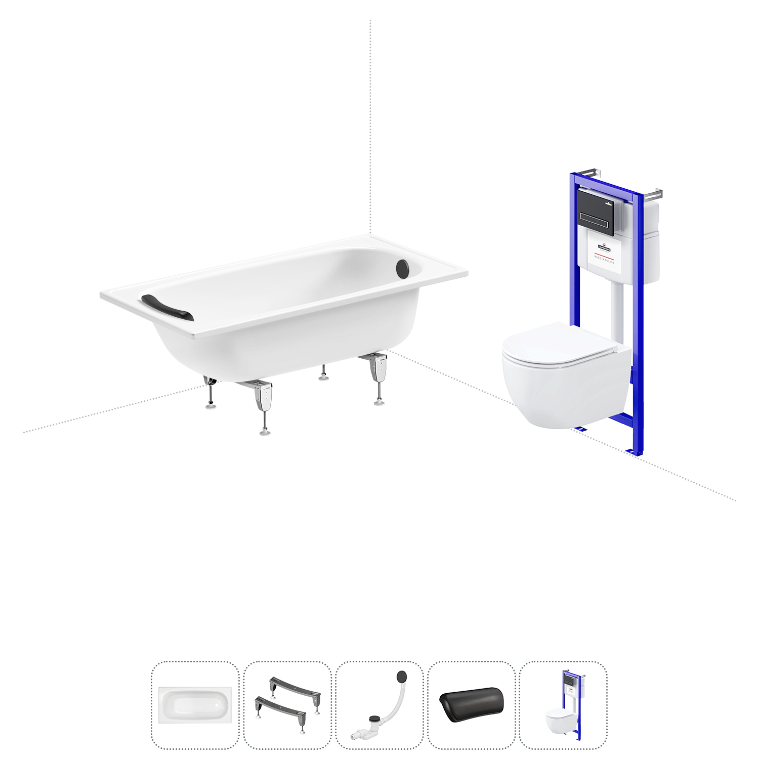 Изображение товара Комплект для ванной комнаты: стальная ванна и подвесной унитаз Wellsee
