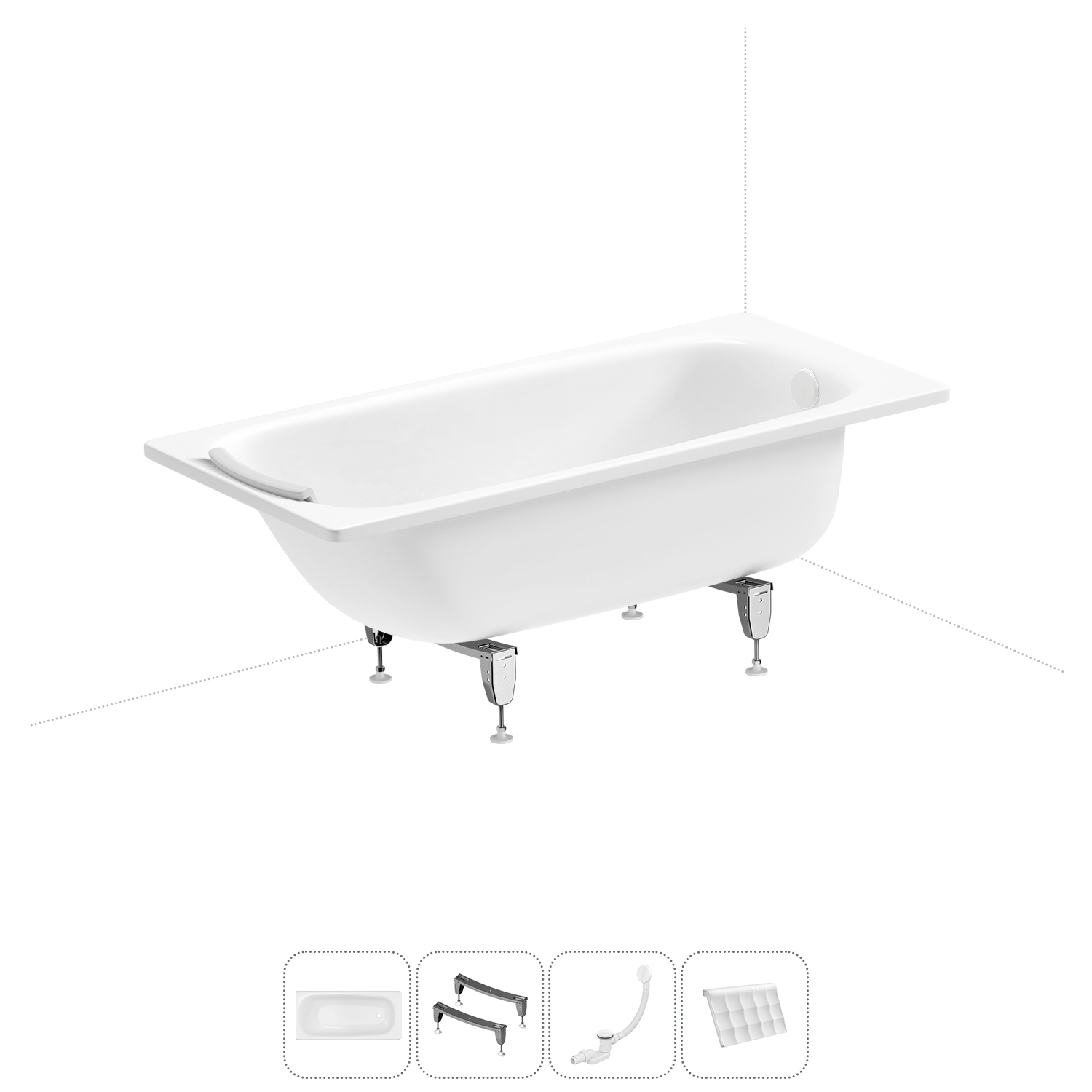 Изображение товара Ванна Sanitana BLB Universal 20220690R прямоугольная сталь 150x70 см с шумоизоляцией, ножками, сливом-переливом и подголовником