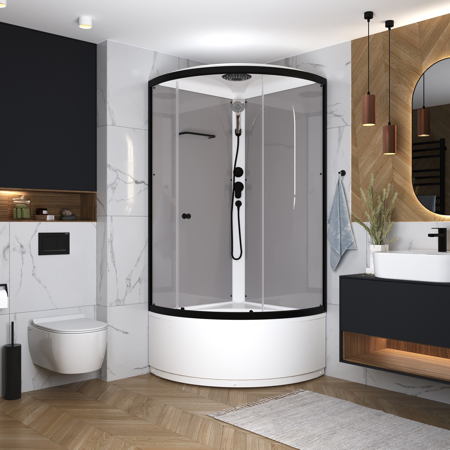 Изображение товара Душевая кабина Domani-Spa Simple 110 high 100x100x218 см высокий поддон, серые стенки, прозрачное стекло, графит профиль, Black accents