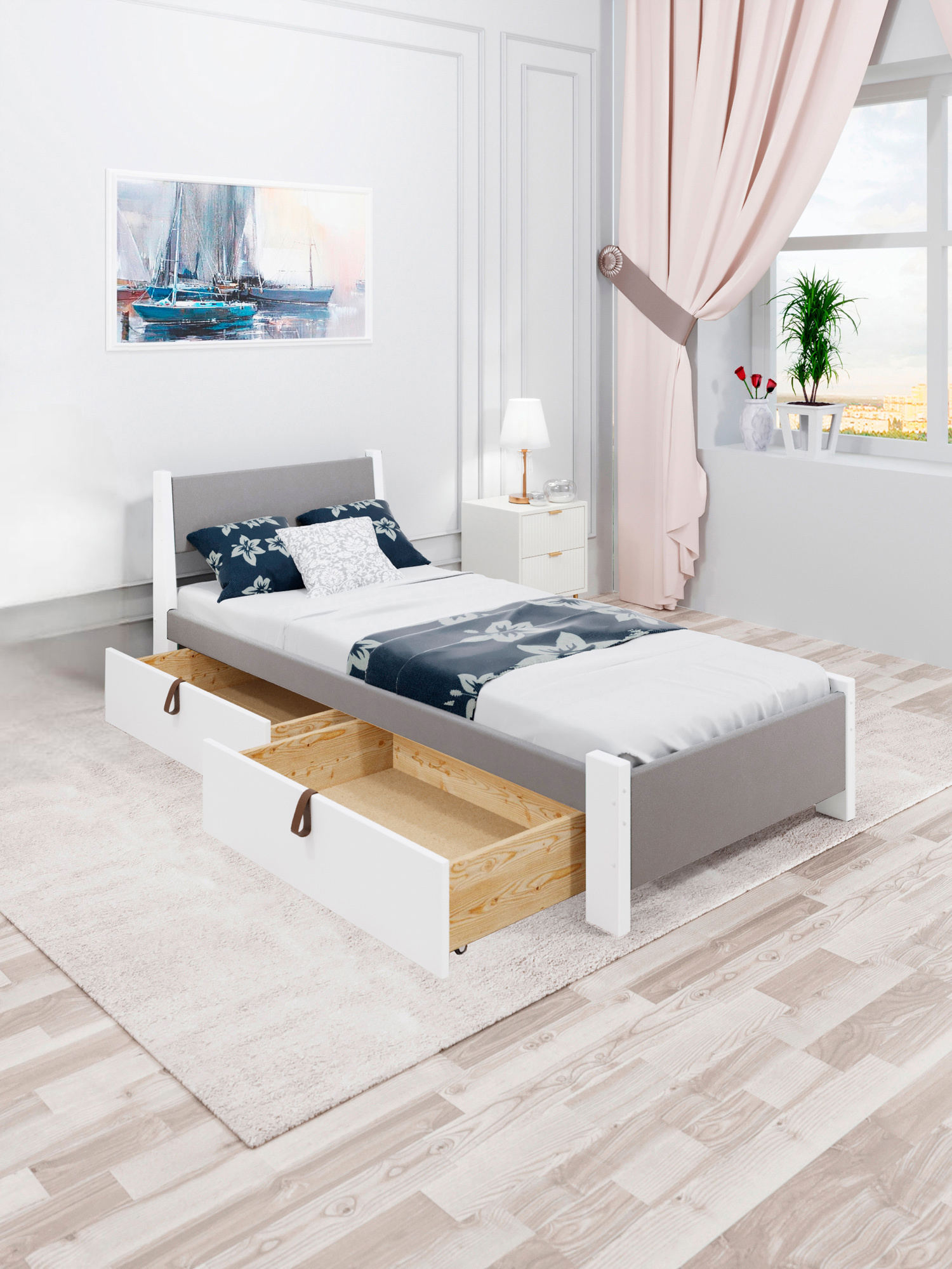 Изображение товара Кровать Solarius Мишка 90x80x210 см дерево с реечным основанием цвет светло-серый/белый