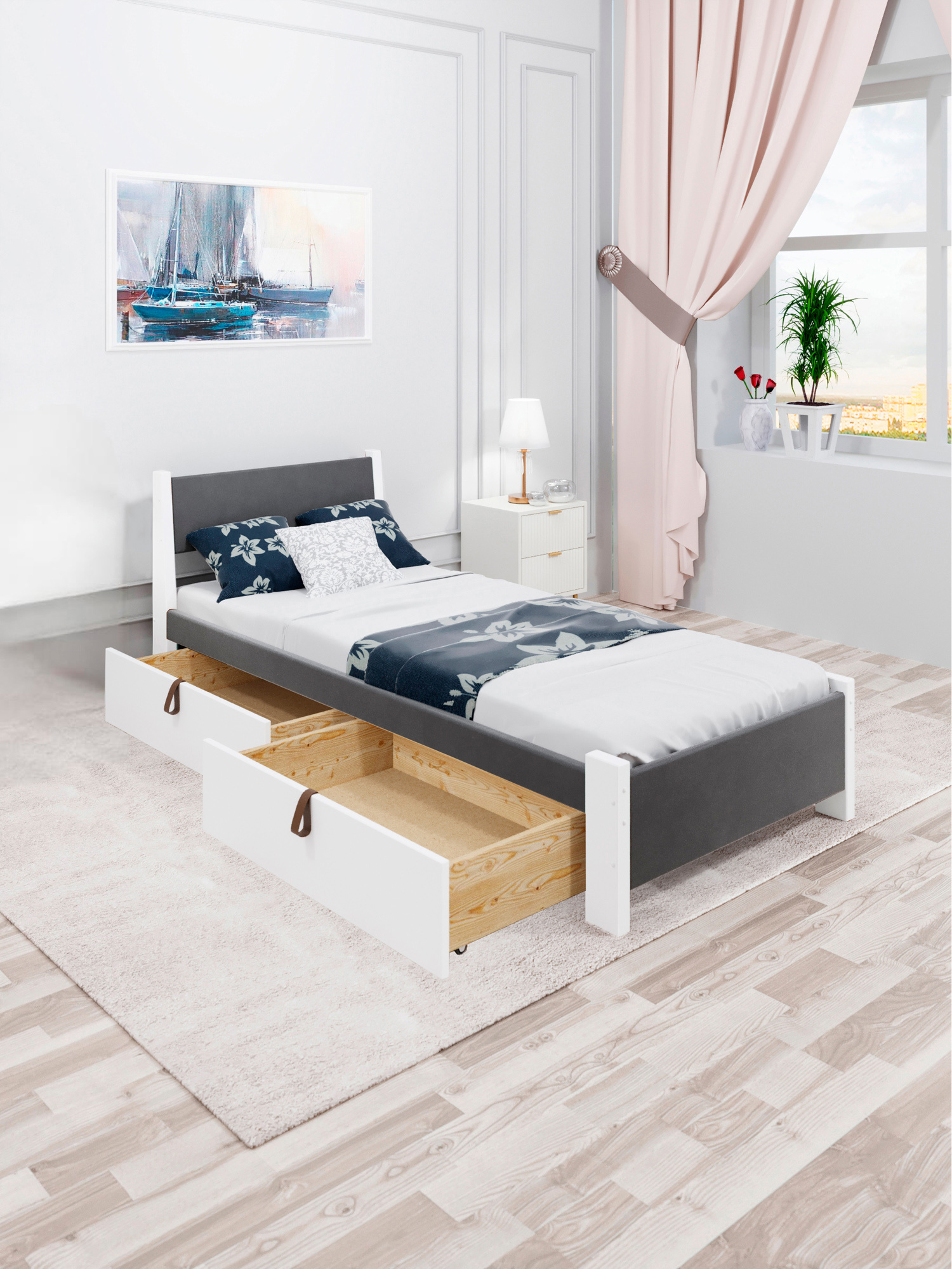 Изображение товара Кровать Solarius Мишка 110x80x200 см дерево со сплошным основанием цвет темно-серый/белый