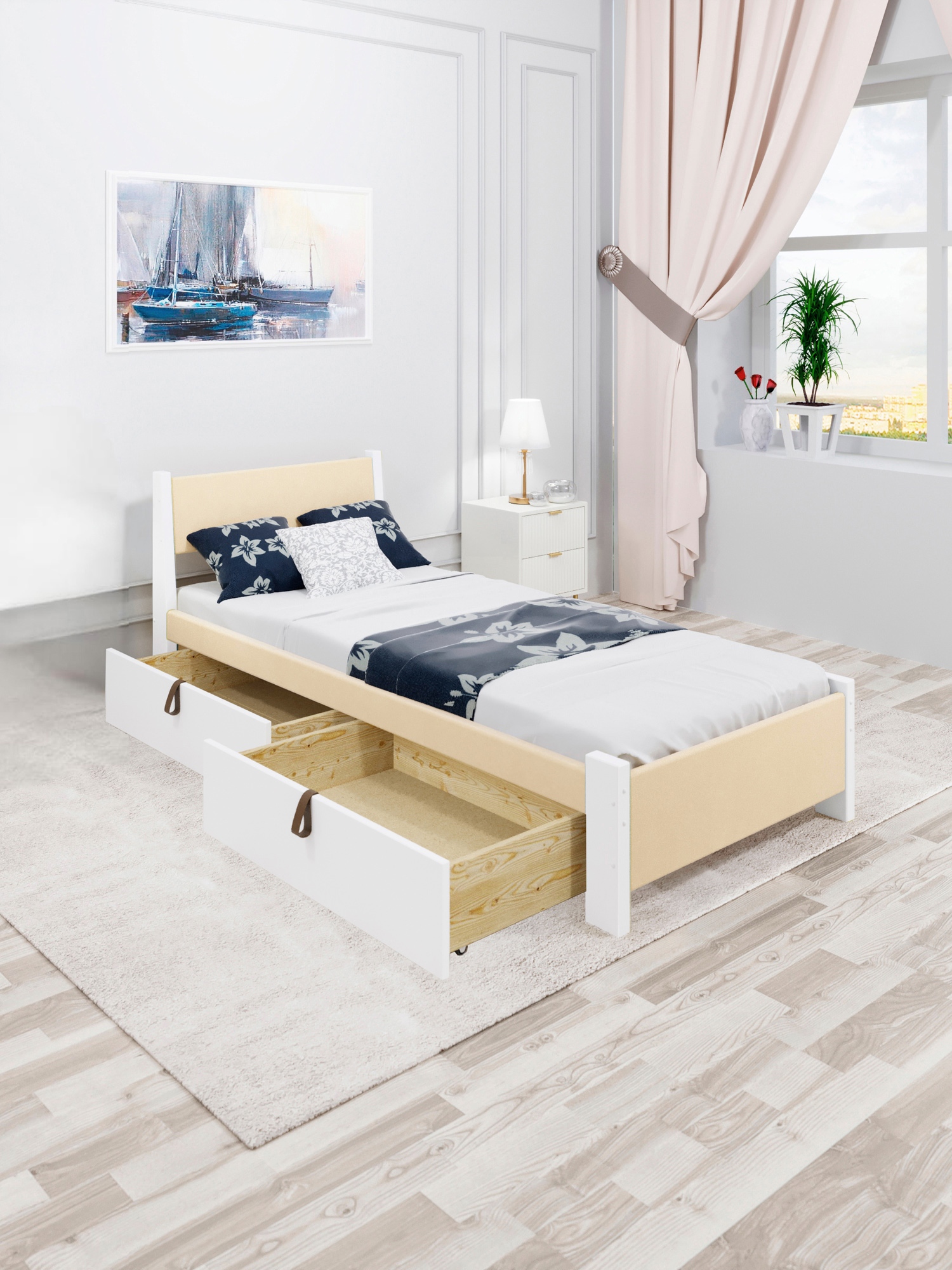 Изображение товара Кровать Solarius Мишка 100x80x210 см дерево со сплошным основанием цвет бежевый/белый