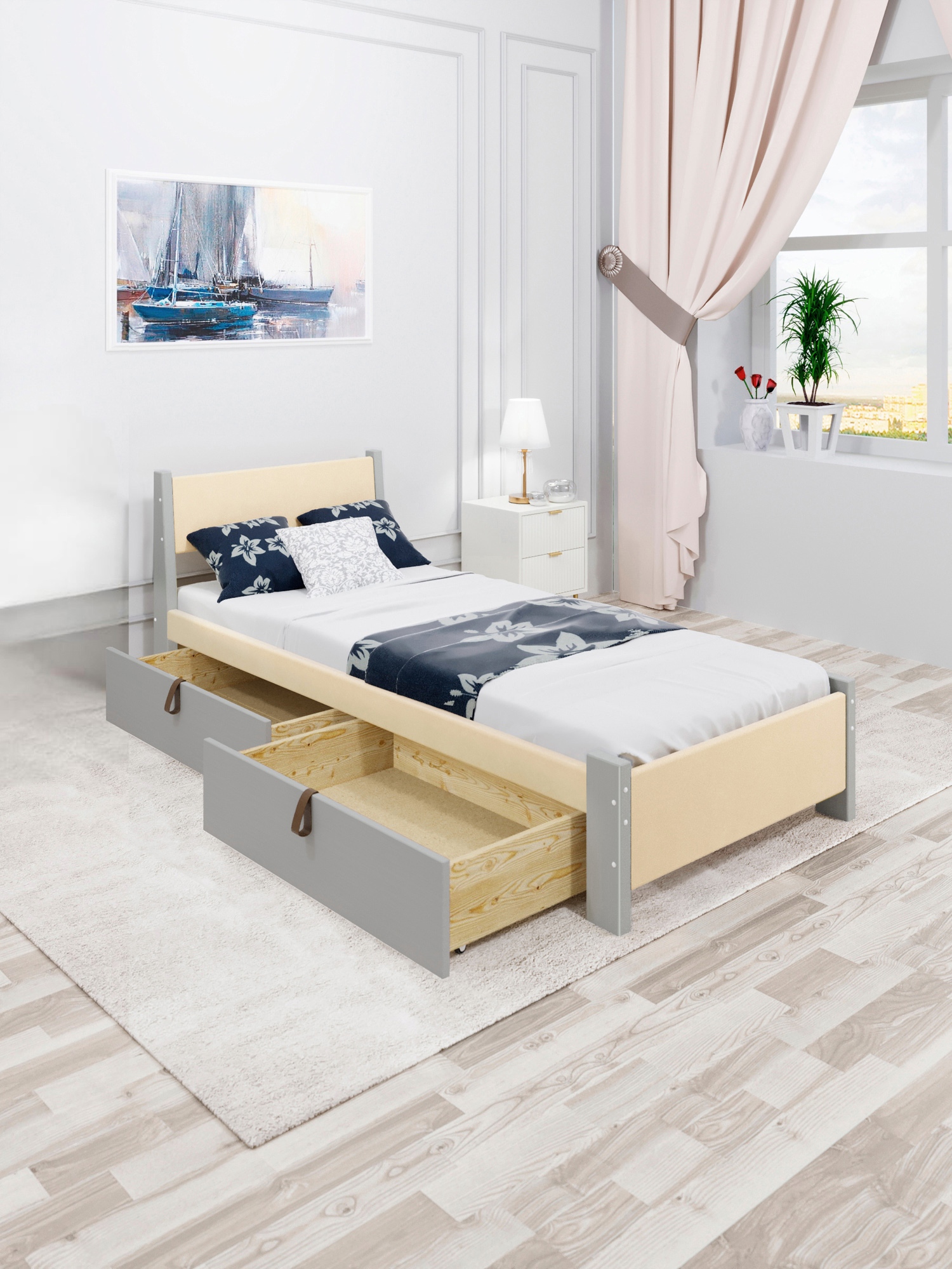 Изображение товара Кровать Solarius Мишка 90x80x210 см дерево с ортопедическим основанием цвет бежевый/платиновый