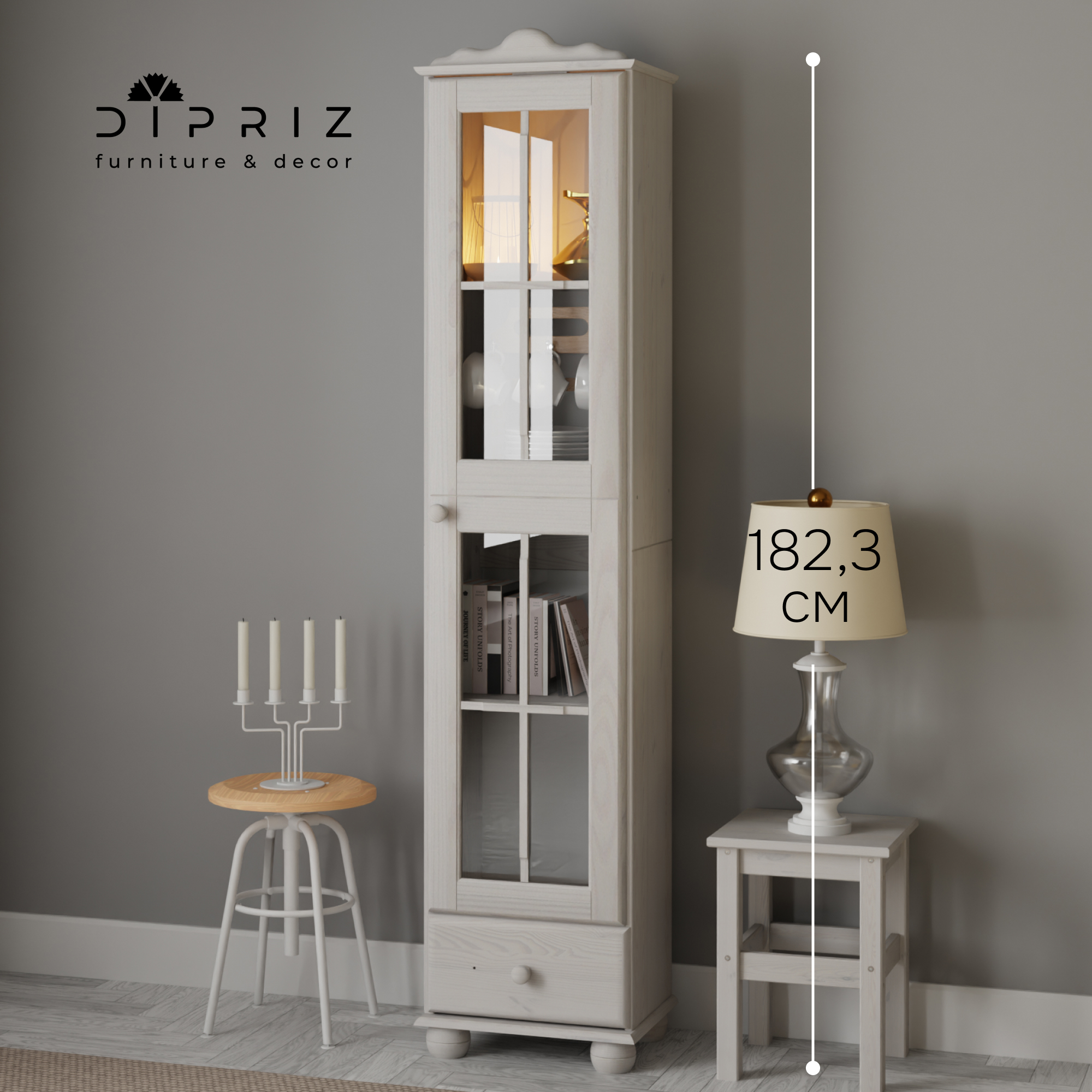 Изображение товара Шкаф-витрина Бритта Диприз из массива сосны белый воск