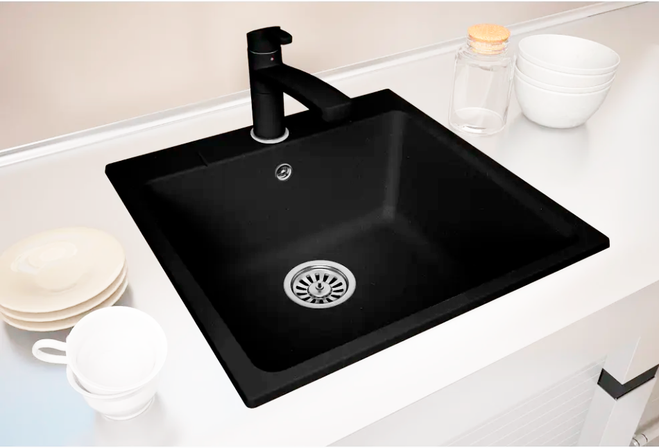 Изображение товара Мойка для кухни врезная KONSENSA 51x51 см кварц антрацит с сифоном