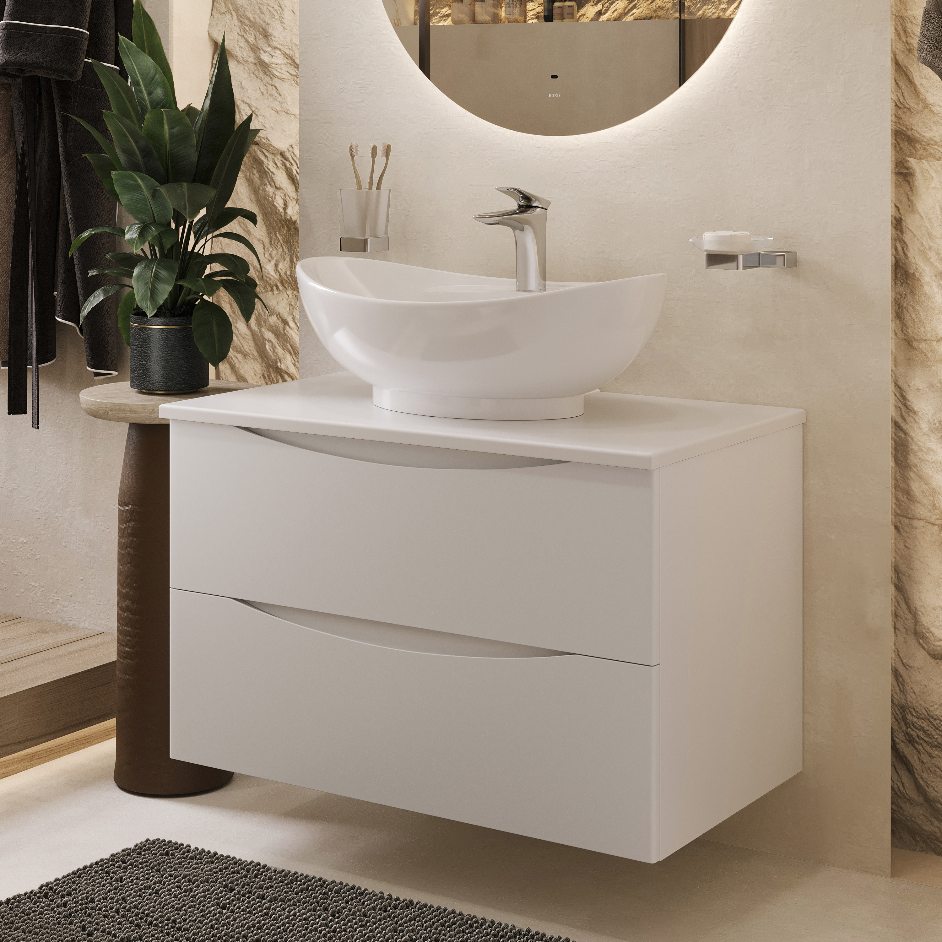 Изображение товара Подвесная тумба с раковиной Bond T05805-S15590 80 см белая матовая для ванной
