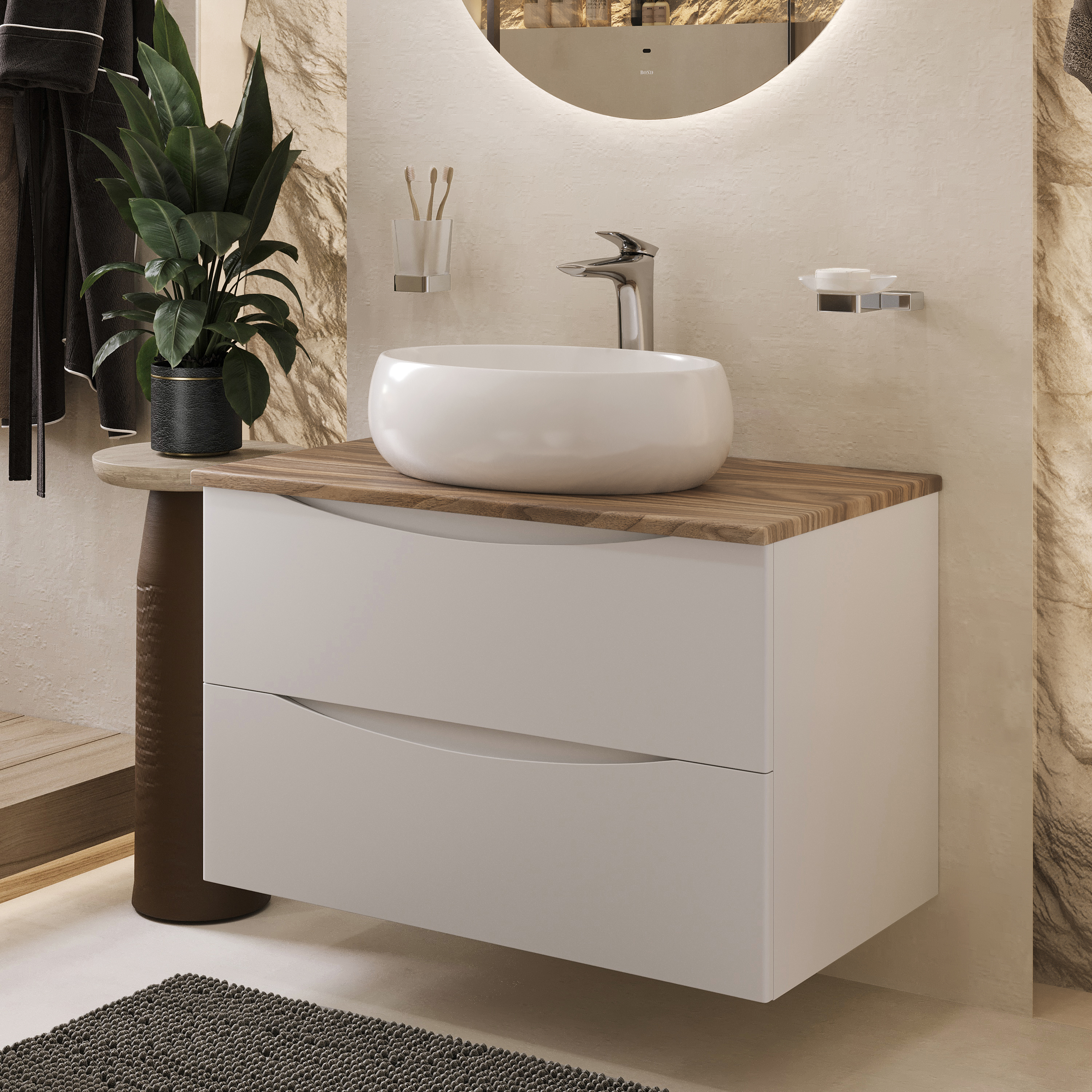Изображение товара Тумба с раковиной Bond Cube T09805-S58490 подвесная белая с столешницей дуб