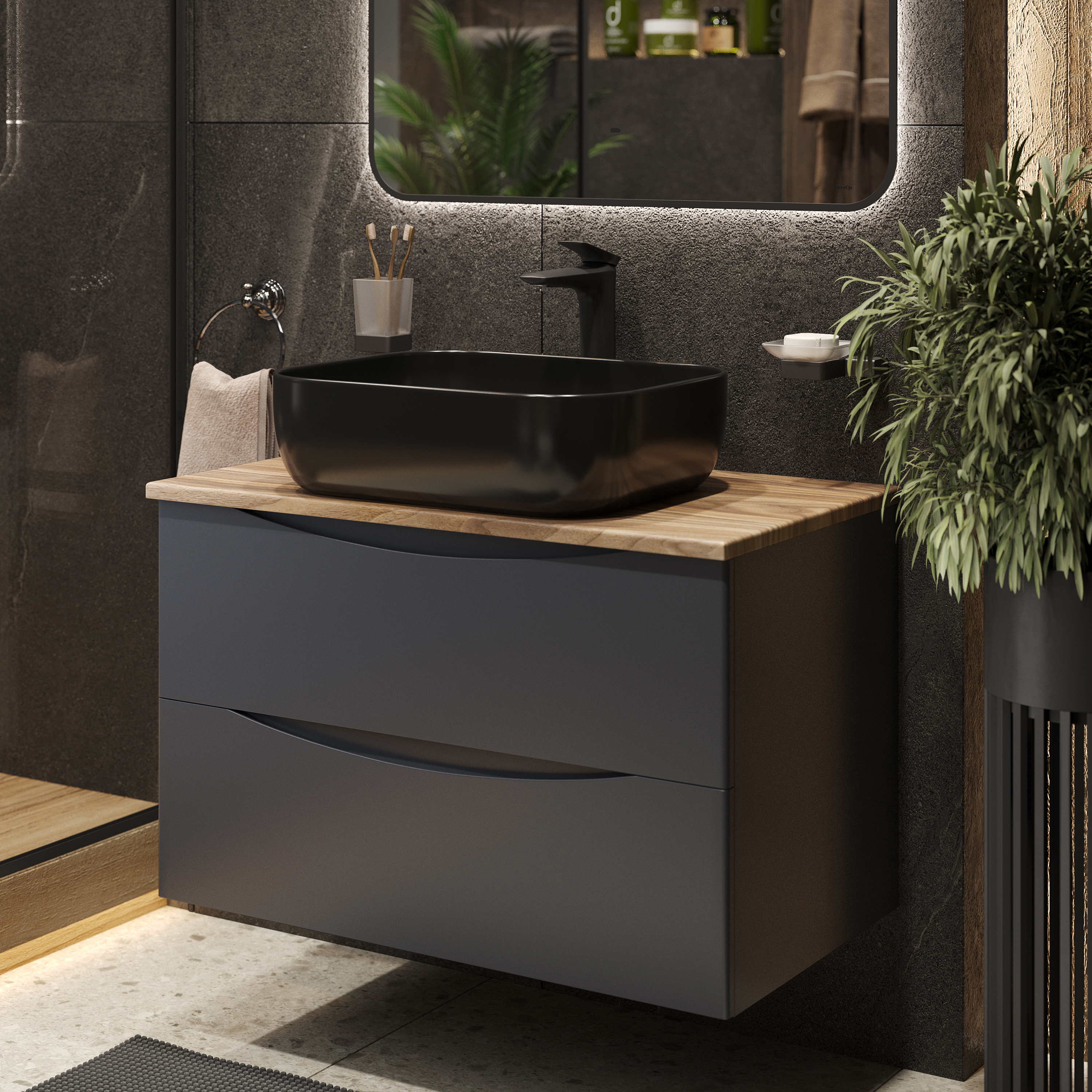 Изображение товара Тумба с черной раковиной BOND Cube T09807-S61500 подвесная серая