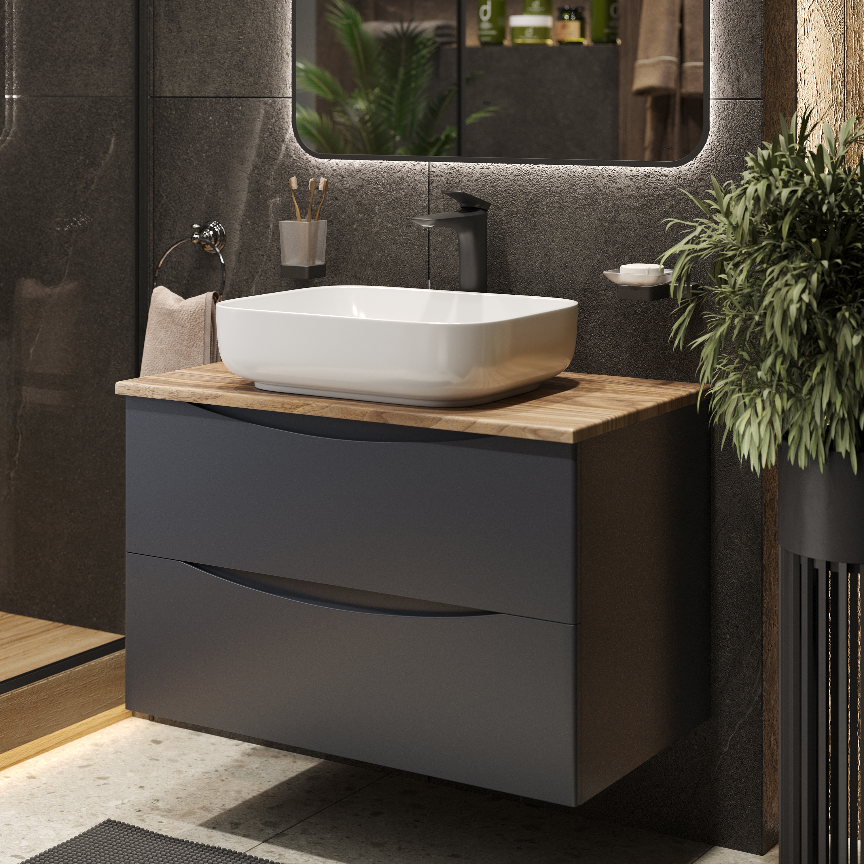 Изображение товара Тумба c раковиной Bond Cube T09807-S54500 подвесная серая со столешницей под дерево