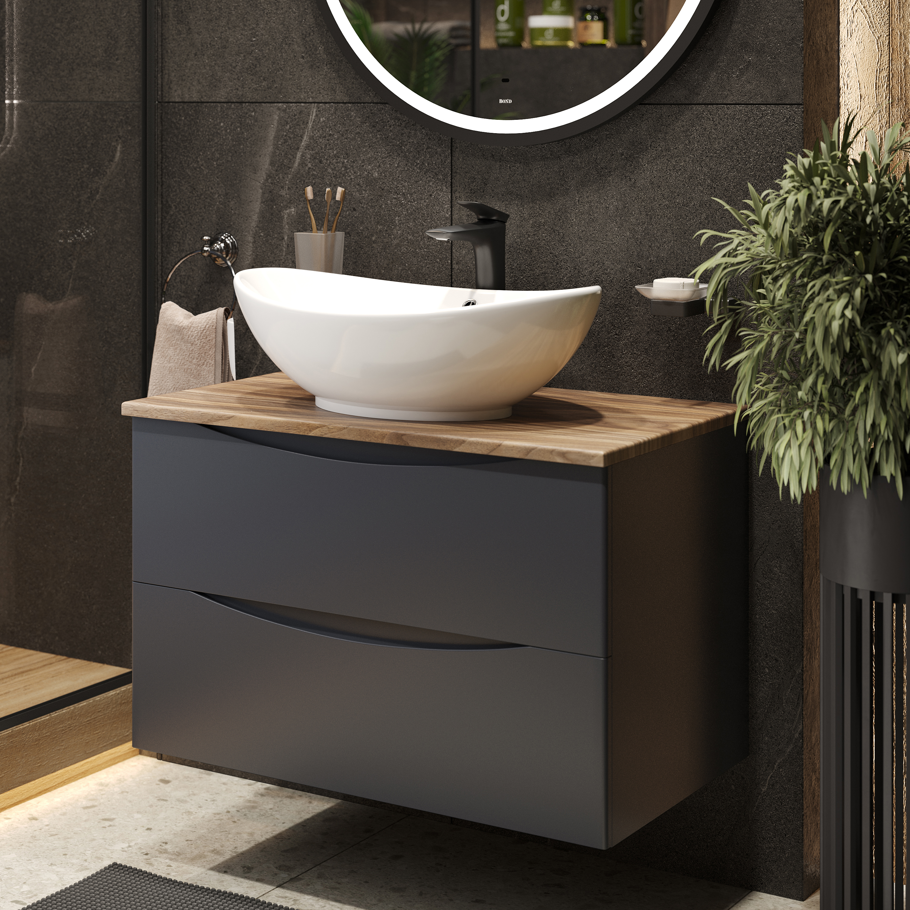 Изображение товара Подвесная тумба с раковиной Bond Cube T09807-S55590 серый МДФ с столешницей под дерево