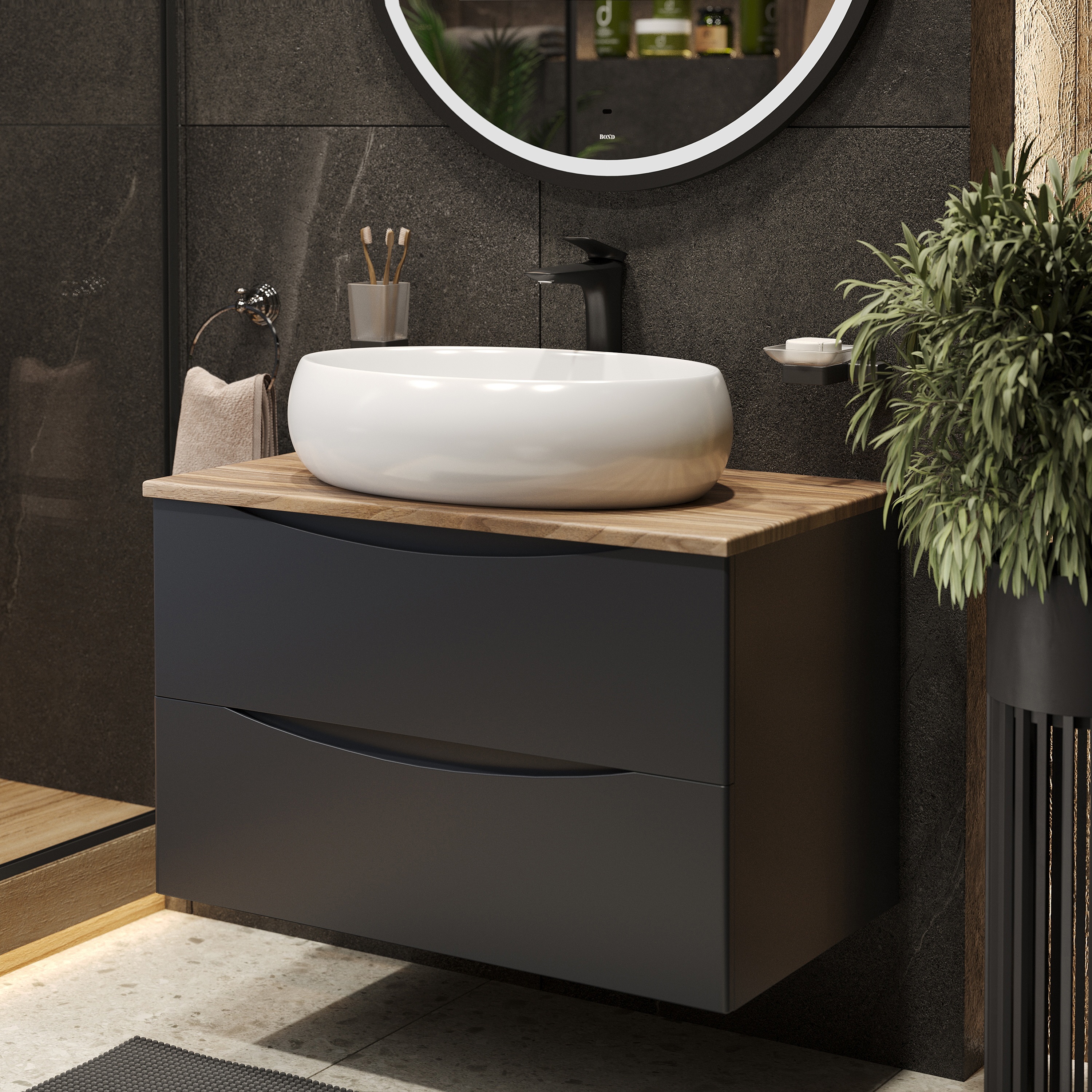 Изображение товара Тумба с раковиной Bond Cube T09807-S58600 подвесная серая с столешницей под дерево