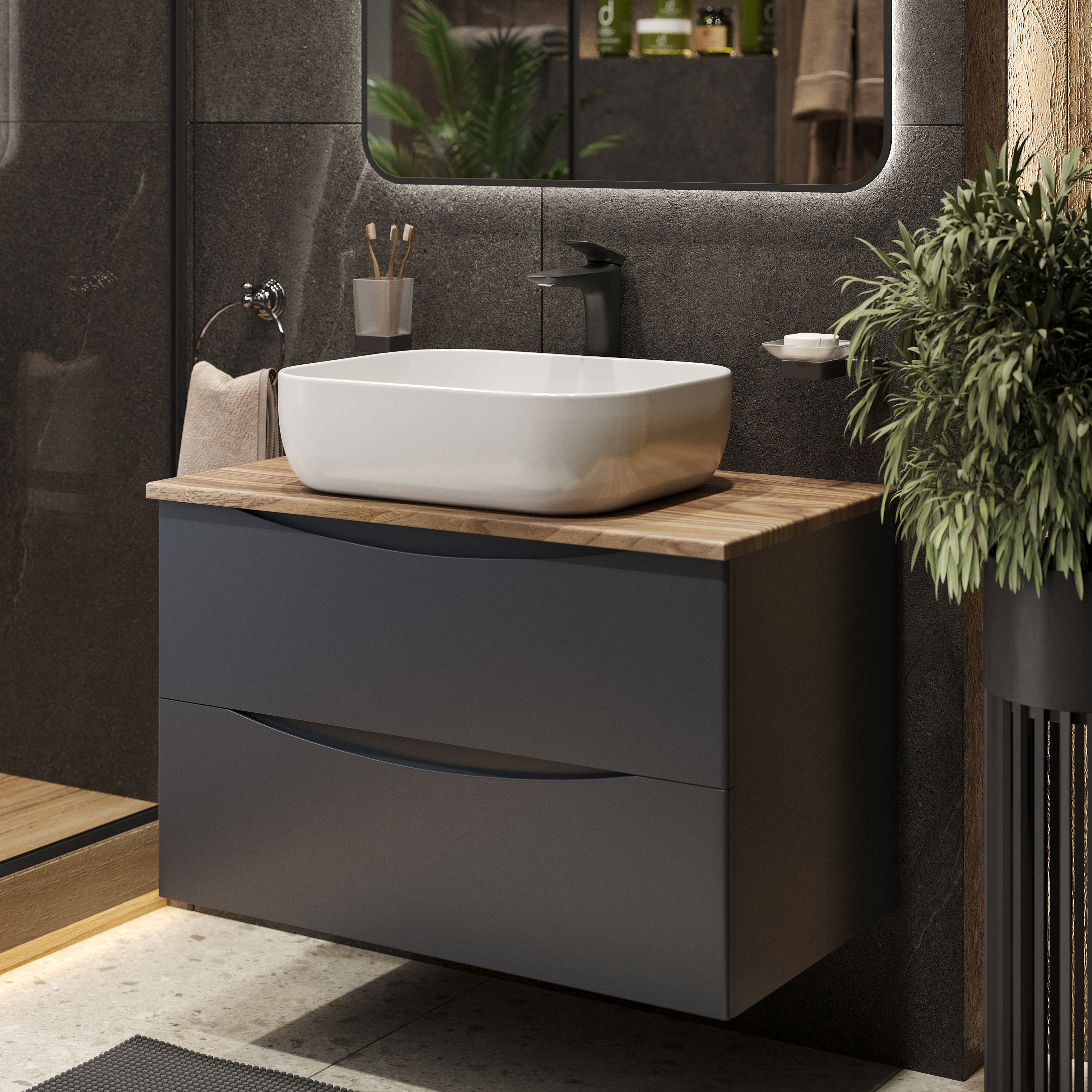 Изображение товара Тумба c раковиной Bond Cube T09807-S61500 подвесная серая со столешницей под дерево