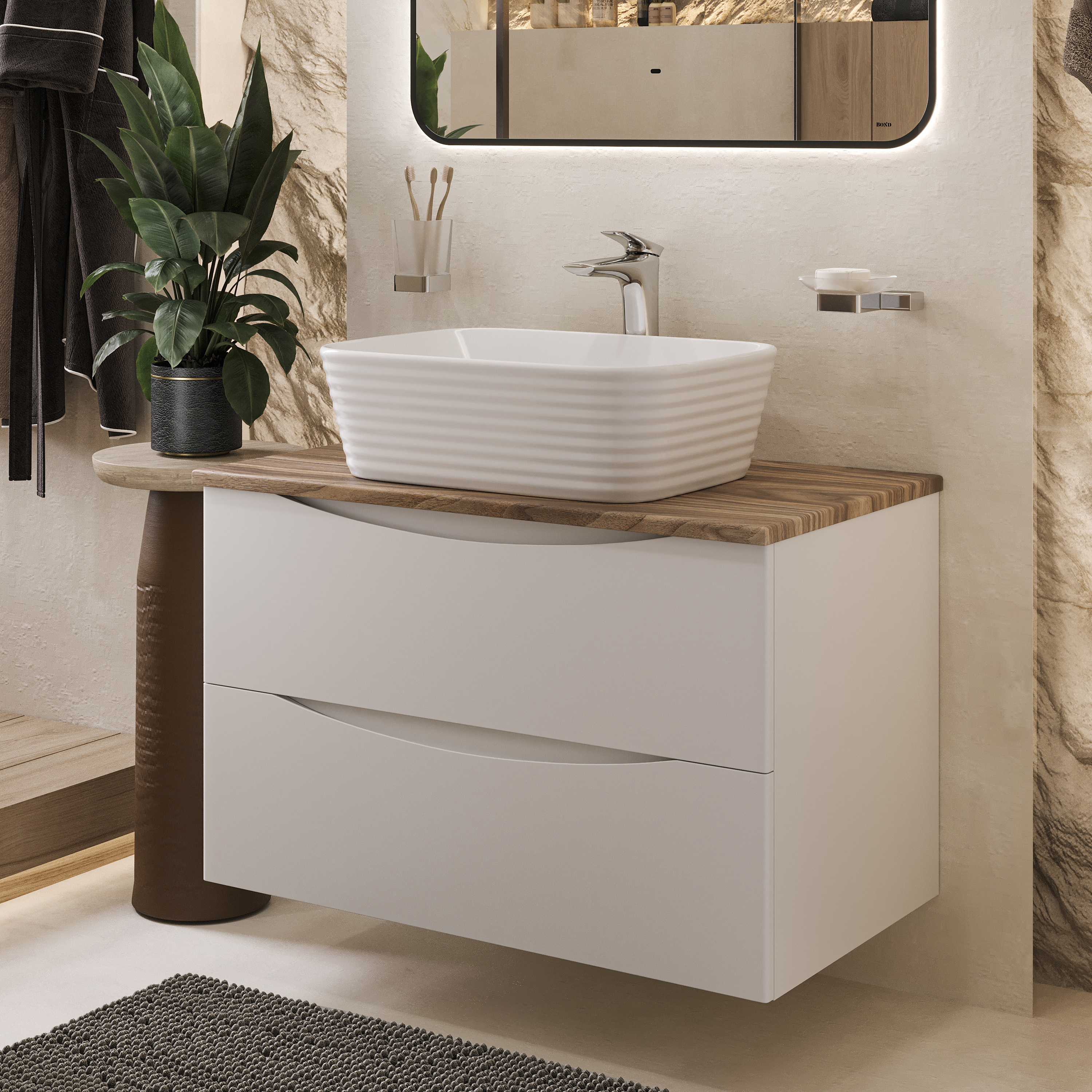 Изображение товара Тумба c раковиной Bond Cube T09805-S63500 подвесная белая со столешницей под дерево