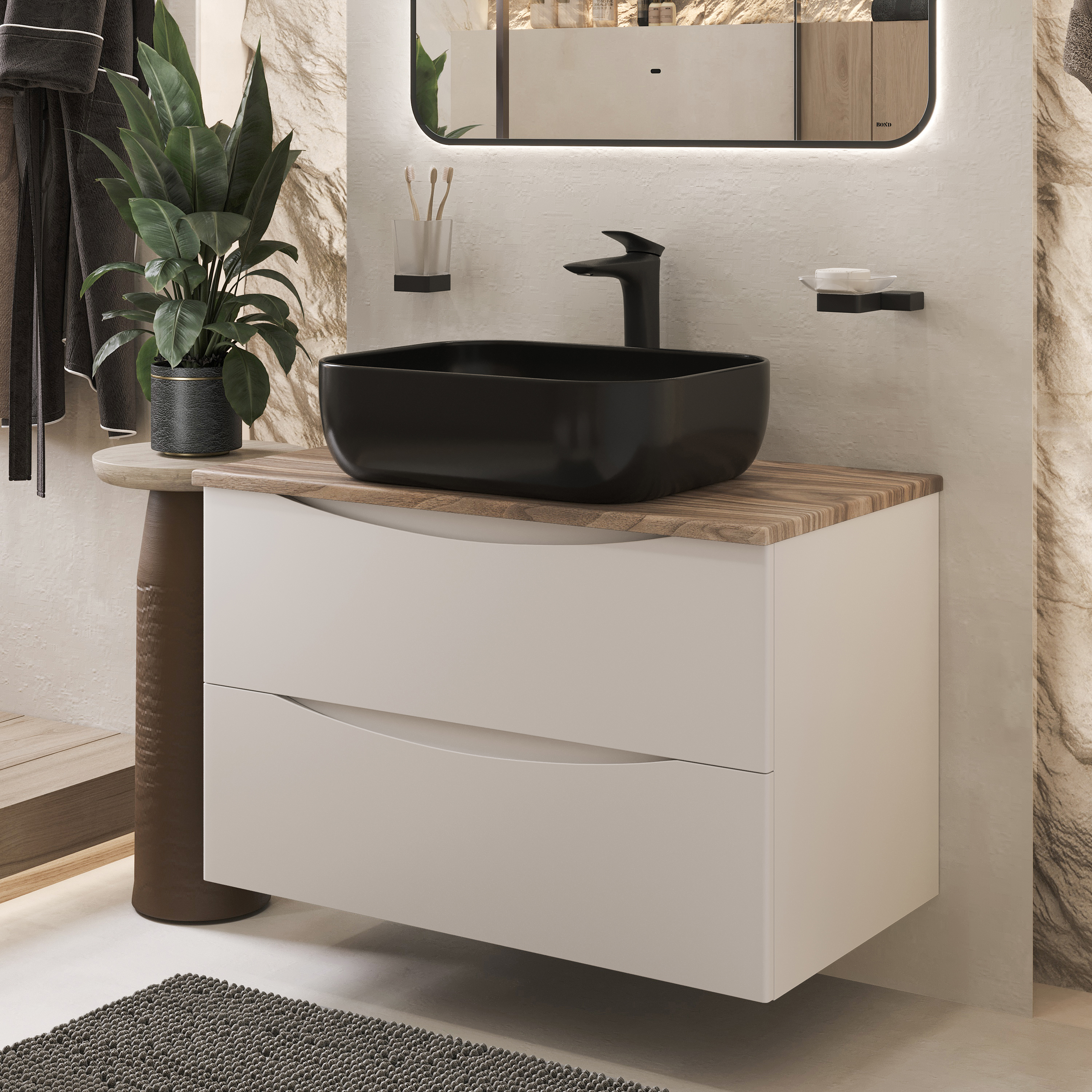 Изображение товара Тумба с черной раковиной Bond Cube T09805-S61508 подвесная белая со столешницей под дерево