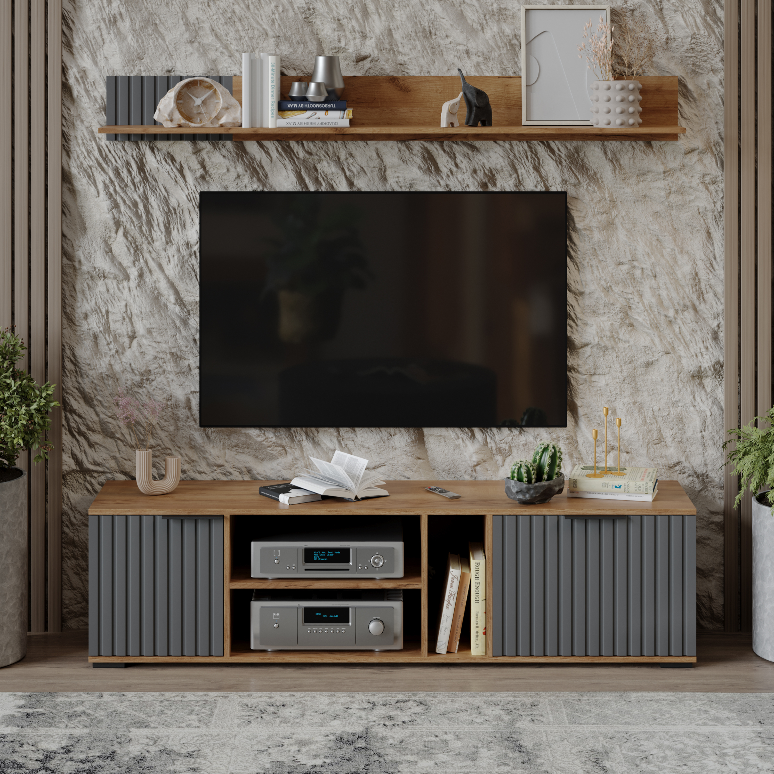 Изображение товара Модульная стенка Трия Хилтон №4 171x45x37 см ЛДСП цвет графит/дуб крафт золотой Изображение товара Модульная стенка Трия Хилтон №4 171x45x37 см ЛДСП цвет графит/дуб крафт золотой